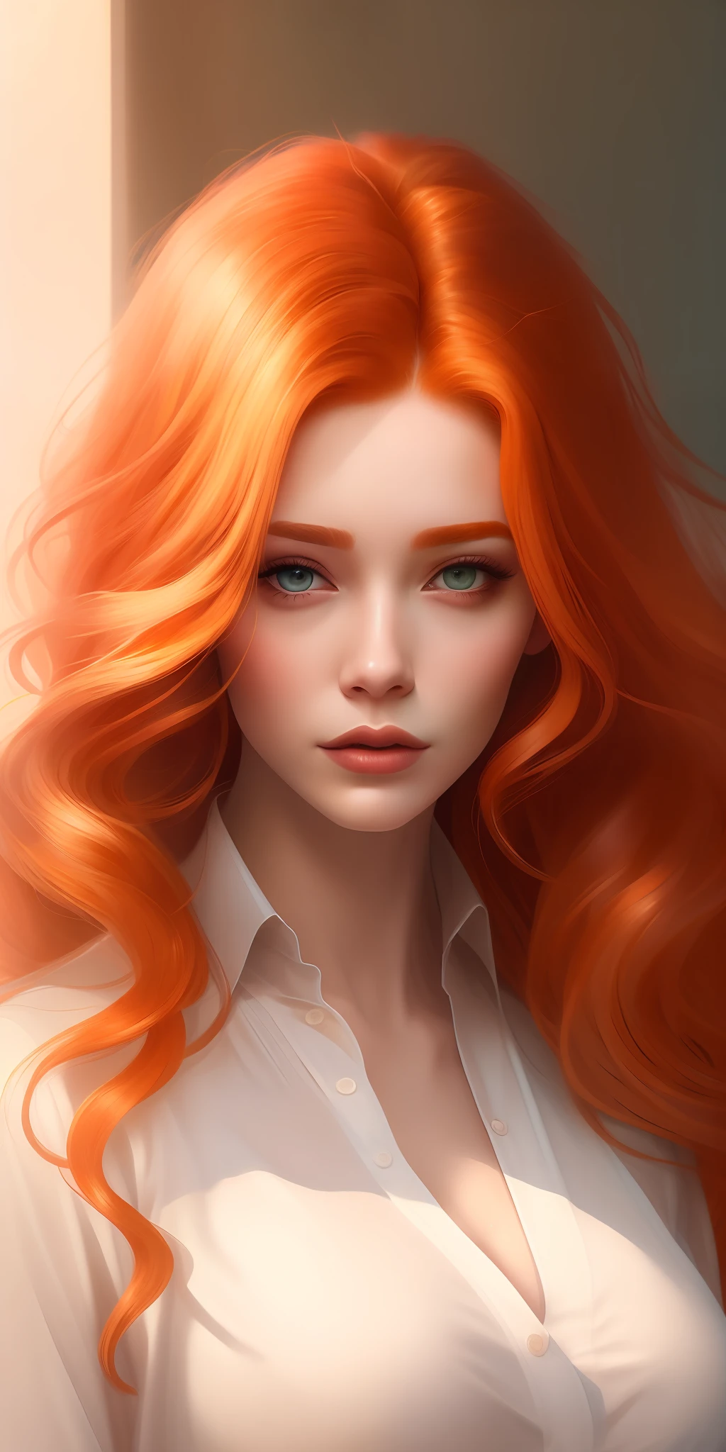 High resolution,best 8k,Painting of a woman with red hair and a white shirt, Lois Van Rossdraws, loose ginger hair, loish and wlop, wavy ginger hair, exquisite digital illustration, Moebius + loish + wlop, wlop loish style and clamp, beautiful character painting, beautiful digital illustration, Artgerm and James Jean, stunning digital illustration, flowing orange hair