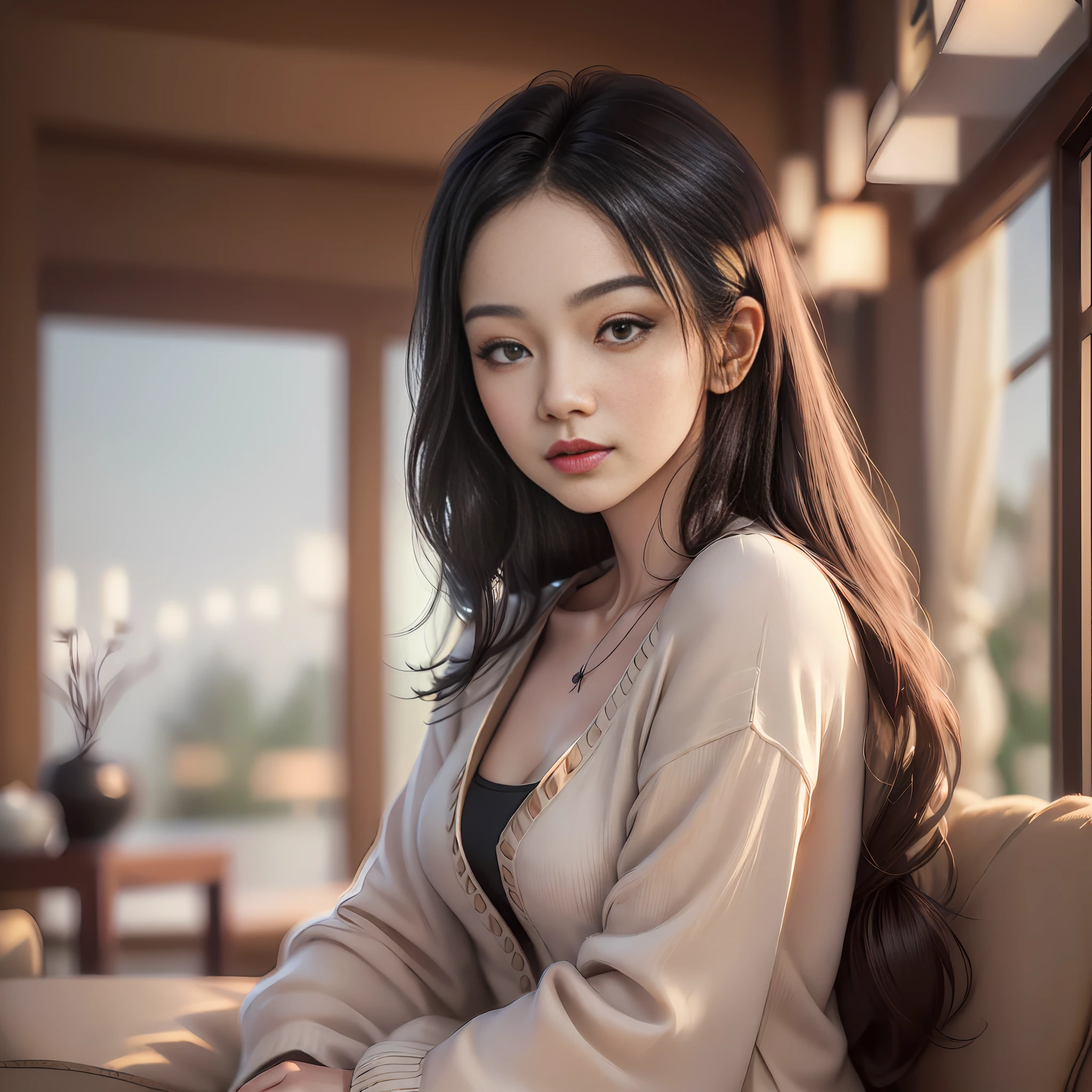 (topnotch Masterpiece 64k_uhd photorealistic ultra_detailed closeup Portrait photography:1.25),(delicate beautiful 30year old asian Woman:1.25),(Casual Cozy Outfit:1.25),(chatting with viewers at Webcam:1.25),(dark_moody livingroom:1.25)