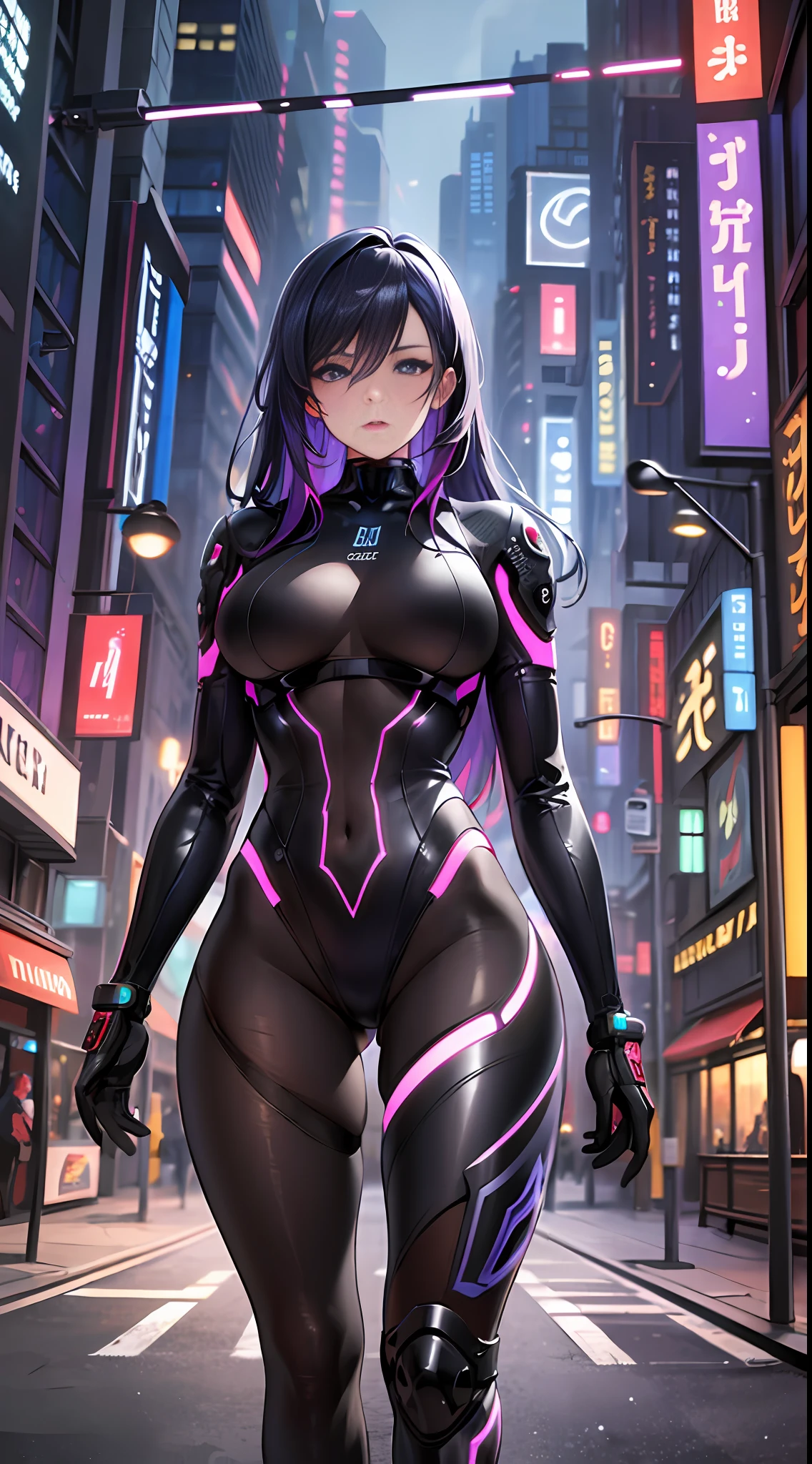 (Masterpiece, best quality, ultra-detailed, best shadows), (saturated colors), (detailed backgrounds), (best lighting, extremely refined and beautiful), ((cinematic light)), hyper-detailed, dramatic light, intricate details, detailed faces, detailed expressions, detailed eyes, 1girl, (adult), mature, (futuristic city, futuristic street, (futuristic, sci fi)), portal, ((sci fi emercenary)), sci fi gun, ((pedestrian))), no emotion, wrapped tights