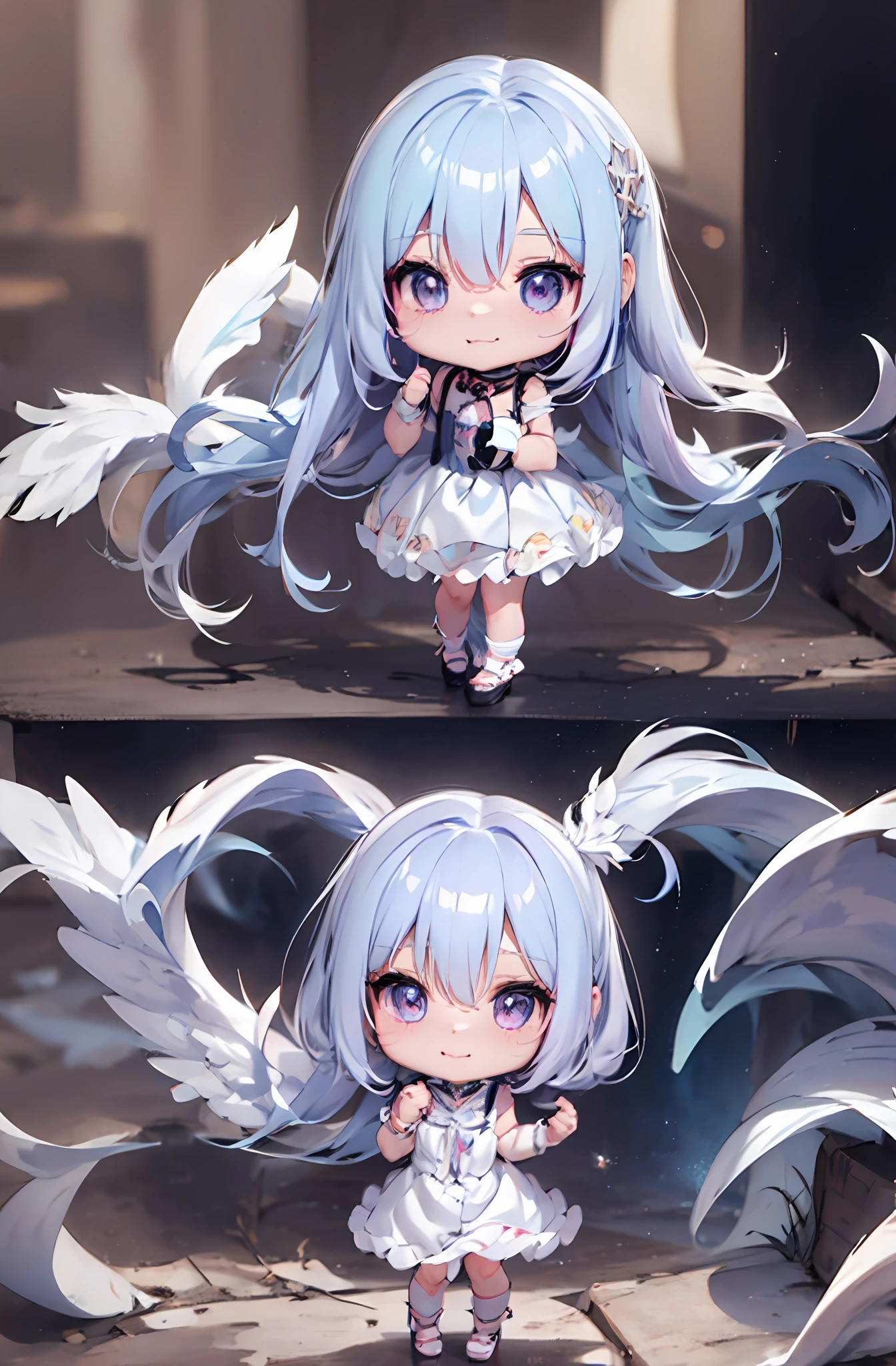 1 anime angel doll, (Chibi: 1.2), 8K high quality detail art, white feathers on the back, light purple hair, gradient, twinkle, style as Nendoroid, stylized anime, anime style 4K, cute detailed digital art, Guweiz style artwork, 8K octar rendering photos, advanced digital chibi art, Cute 3d render, anime style, light, glow