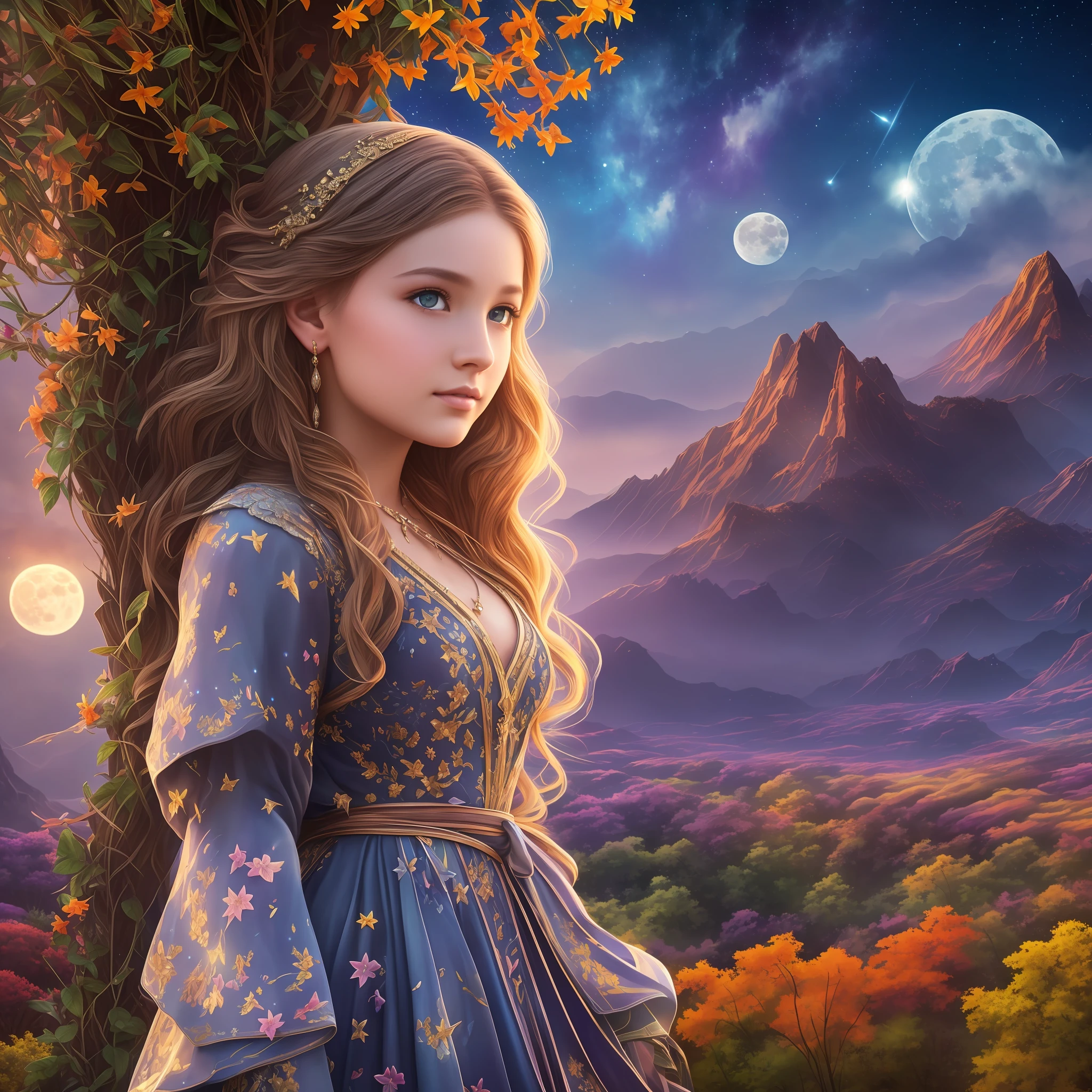 Expansive landscape photograph, (view from below with a view of the sky and wilderness below), little girl standing in a flower field looking up, (full moon: 1.2), (shooting star: 0.9), (nebula: 1.3), distant mountain, tree break production art, (warm light source: 1.2), (firefly: 1.2), lamp, purple and orange, intricate detail, volume lighting, realism break (masterpiece: 1.2) (Best Quality), 4K, Ultra-Detailed, (Dynamic Configuration: 1.4), Highly Detailed and Colorful Details, (Iridescent Colors: 1.2), (Glowing Lighting, Atmospheric Lighting), Dreamy, Magical, (Solo: 1.2)