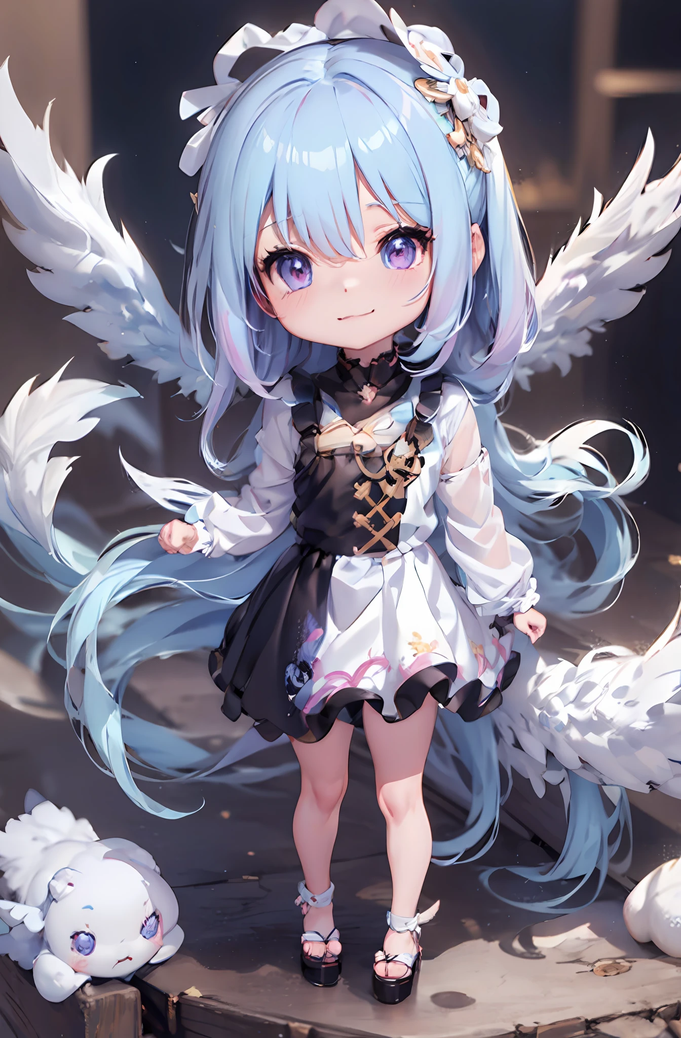 1 anime angel doll, (Chibi: 1.2), 8K high quality detail art, white feathers on the back, light purple hair, gradient, twinkle, style as Nendoroid, stylized anime, anime style 4K, cute detailed digital art, Guweiz style artwork, 8K octar rendering photos, advanced digital chibi art, Cute 3d render, anime style, light, glow