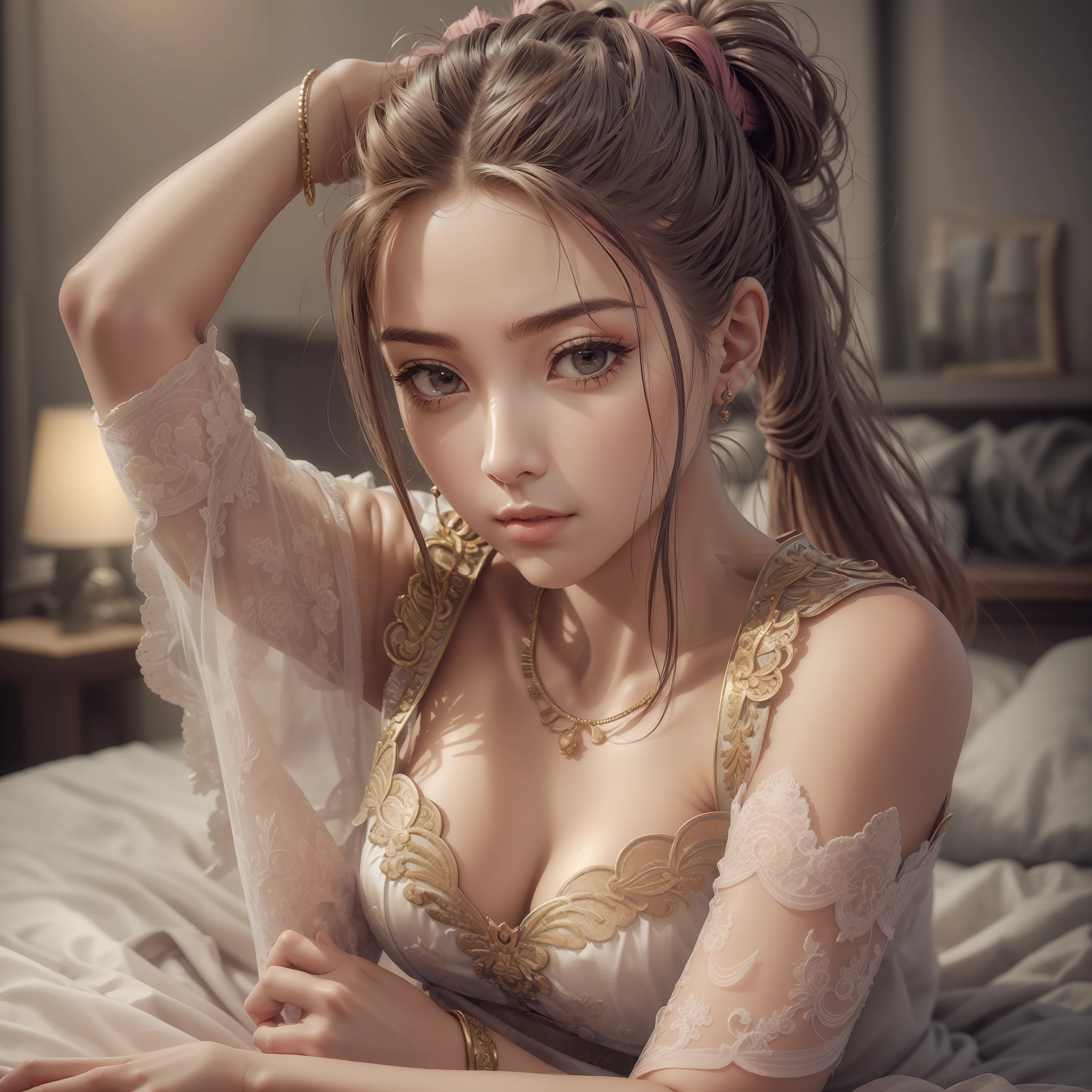 ((Realistic lighting, top quality, 8K, Masterpiece: 1.3)), Clear Focus: 1.2, 1 girl, Perfect beauty: 1.4, ((Ponytail hair, big: 1.2)), (wearing ultra-thin pink underwear: 1.4, Black Full Leg Stockings: 1.2, ), (Outdoor, Night: 1.1), Ultra-fine face, narrow eyes, double eyelids, hands on head, lying in bed, --auto --s2