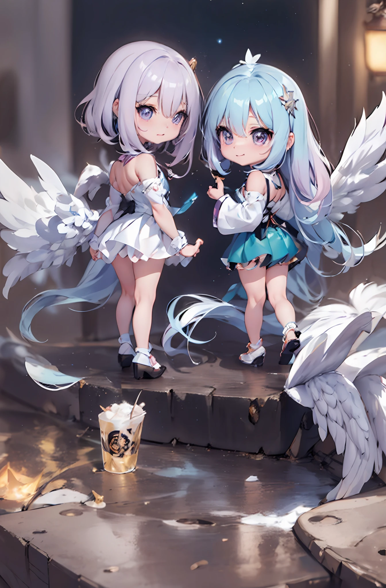 1 anime angel doll, (Chibi: 1.2), 8K high quality detail art, white feathers on the back, light purple hair, gradient, twinkle, style as Nendoroid, stylized anime, anime style 4K, cute detailed digital art, Guweiz style artwork, 8K octar rendering photos, advanced digital chibi art, Cute 3d render, anime style, light, glow