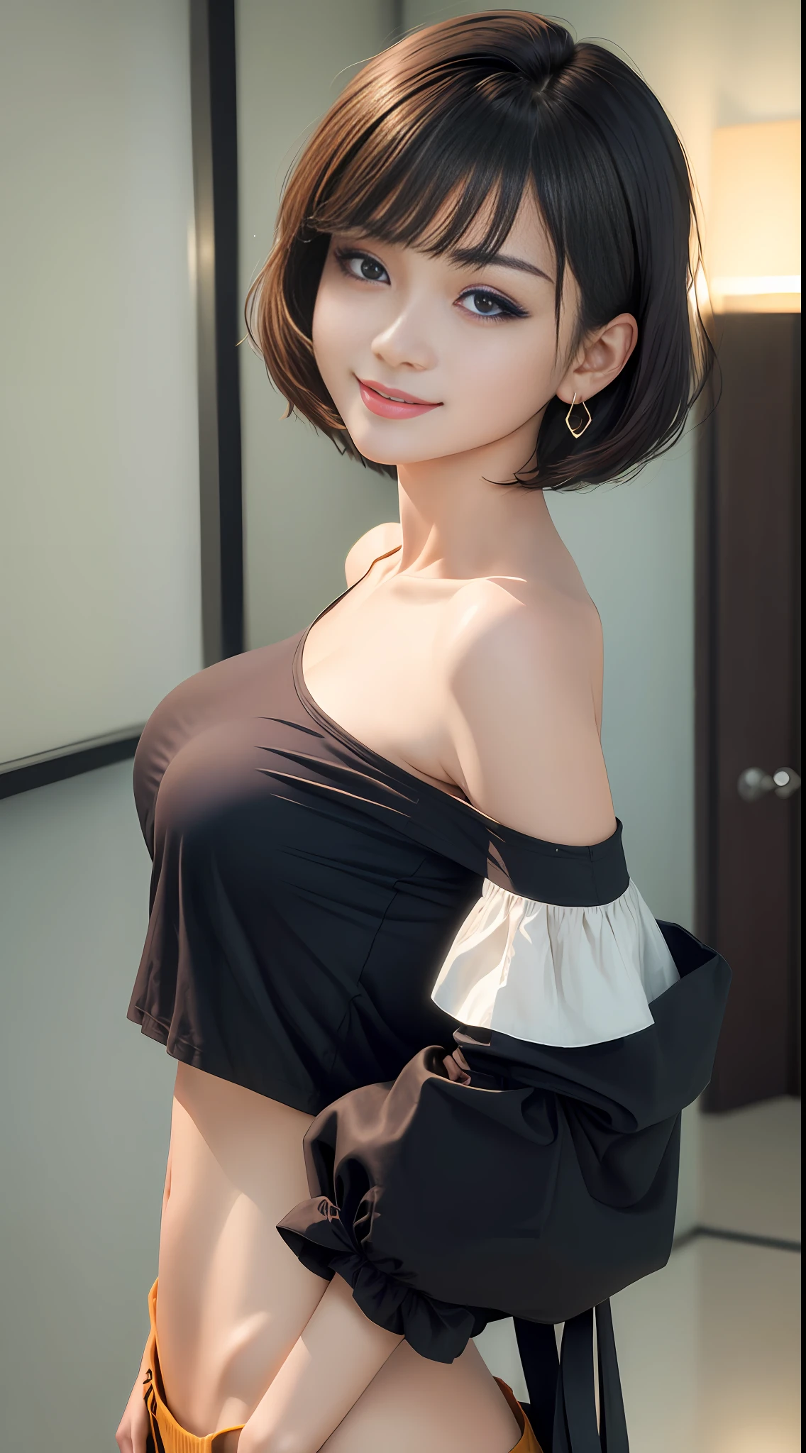 ((Best Quality, 8k, Masterpiece: 1.3)), Well-formed face, symmetrical large eyes, model figure, glossy skin type, double eyelids, short hair, smooth hair, smile, earrings, Korean beauty, Taiwanese beauty, no skin, big breasts that can be seen even from the top of clothes, with bangs, hanging eyes, T-shirt
