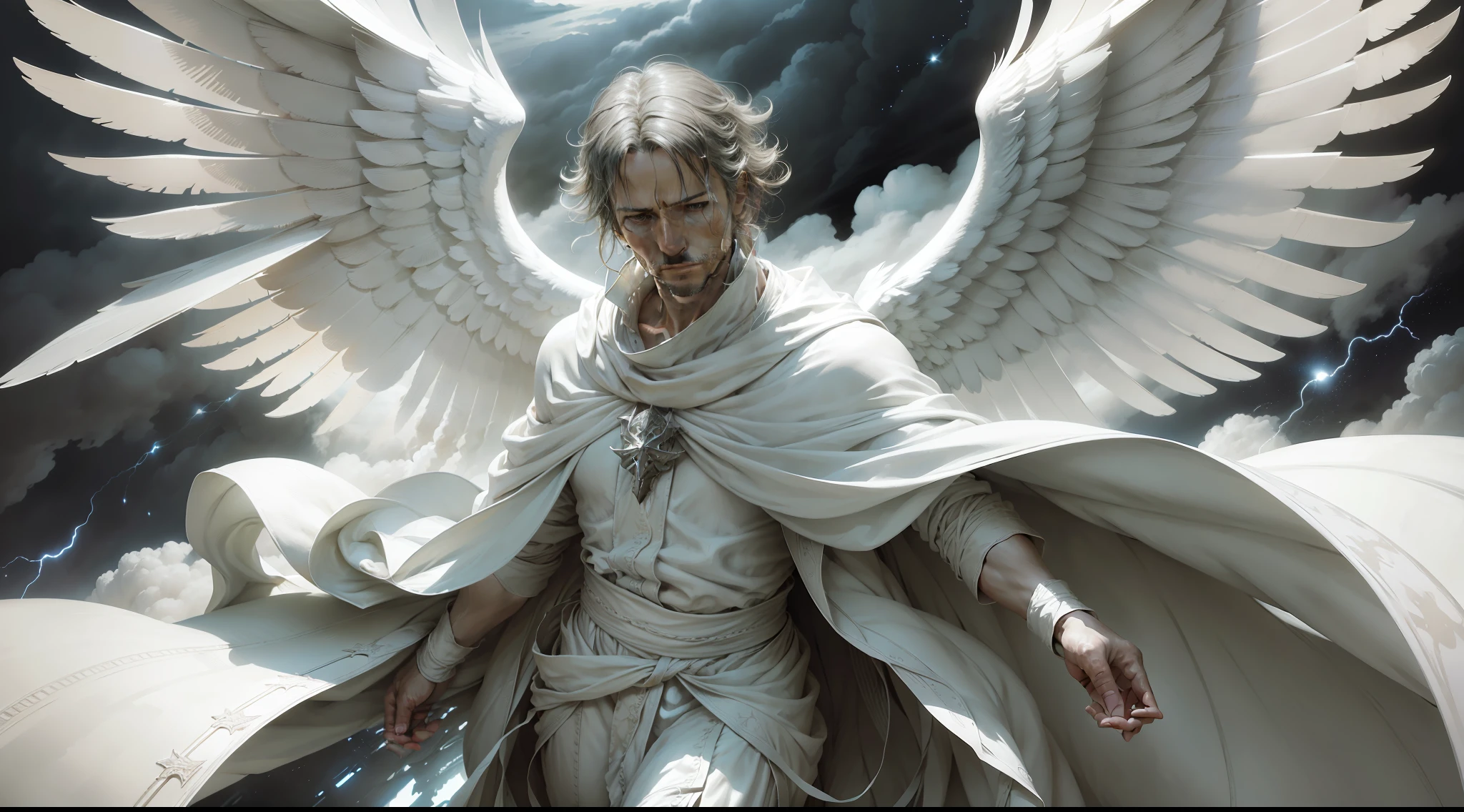 Angel Gabriel, man, wearing a white gown. 40 years old, (((descending from the skies floating amid the clouds))), heavenly, full-length, perfectly structured, designed by Yoji Shinkawa