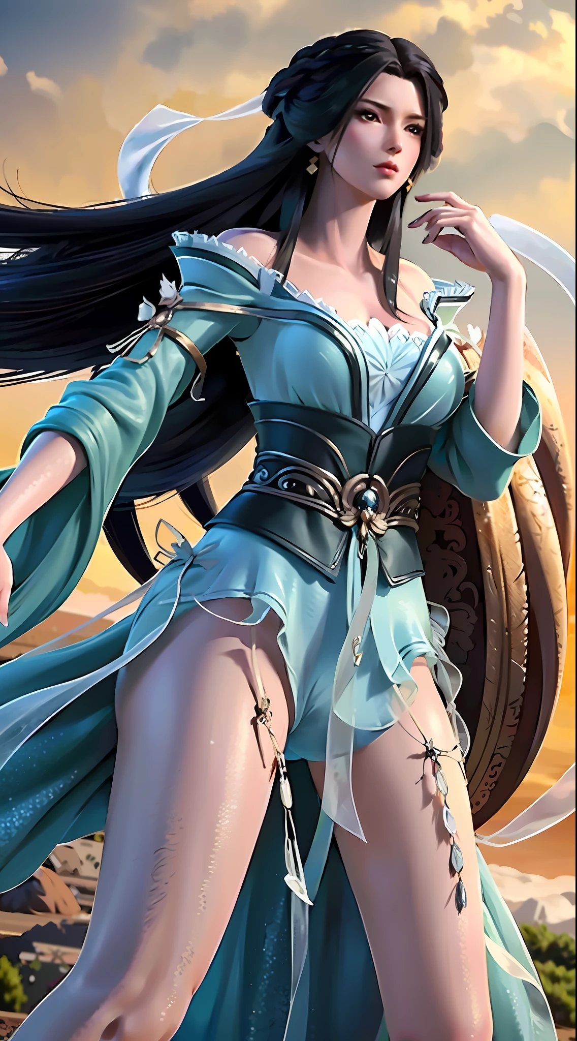 masterpiece,best quality,1girl, black hair, bare shoulders, long hair, dress,cowboy shot, dynamic pose, dynamic angle,
