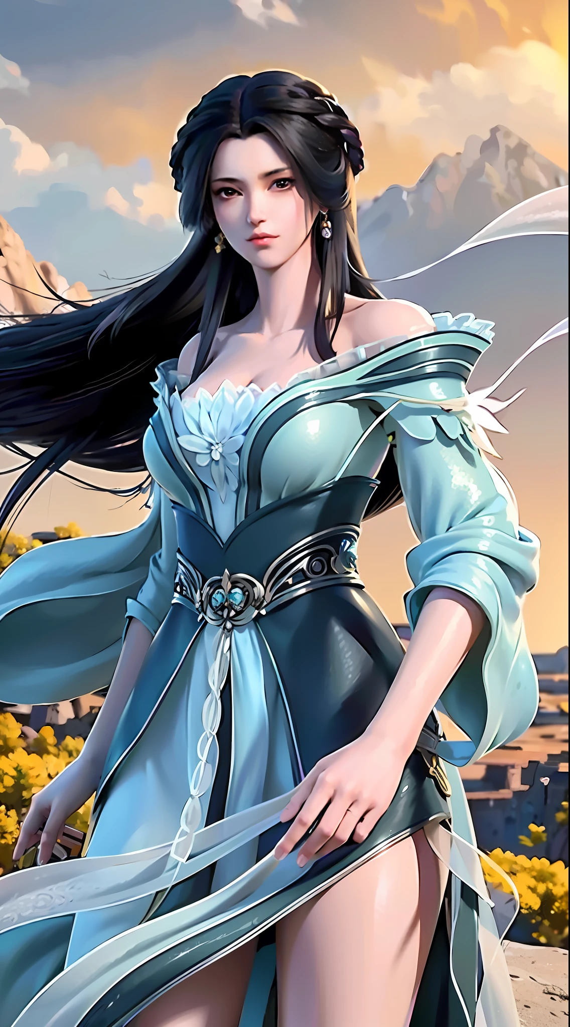 masterpiece,best quality,1girl, black hair, bare shoulders, long hair, dress,cowboy shot, dynamic pose, dynamic angle,
