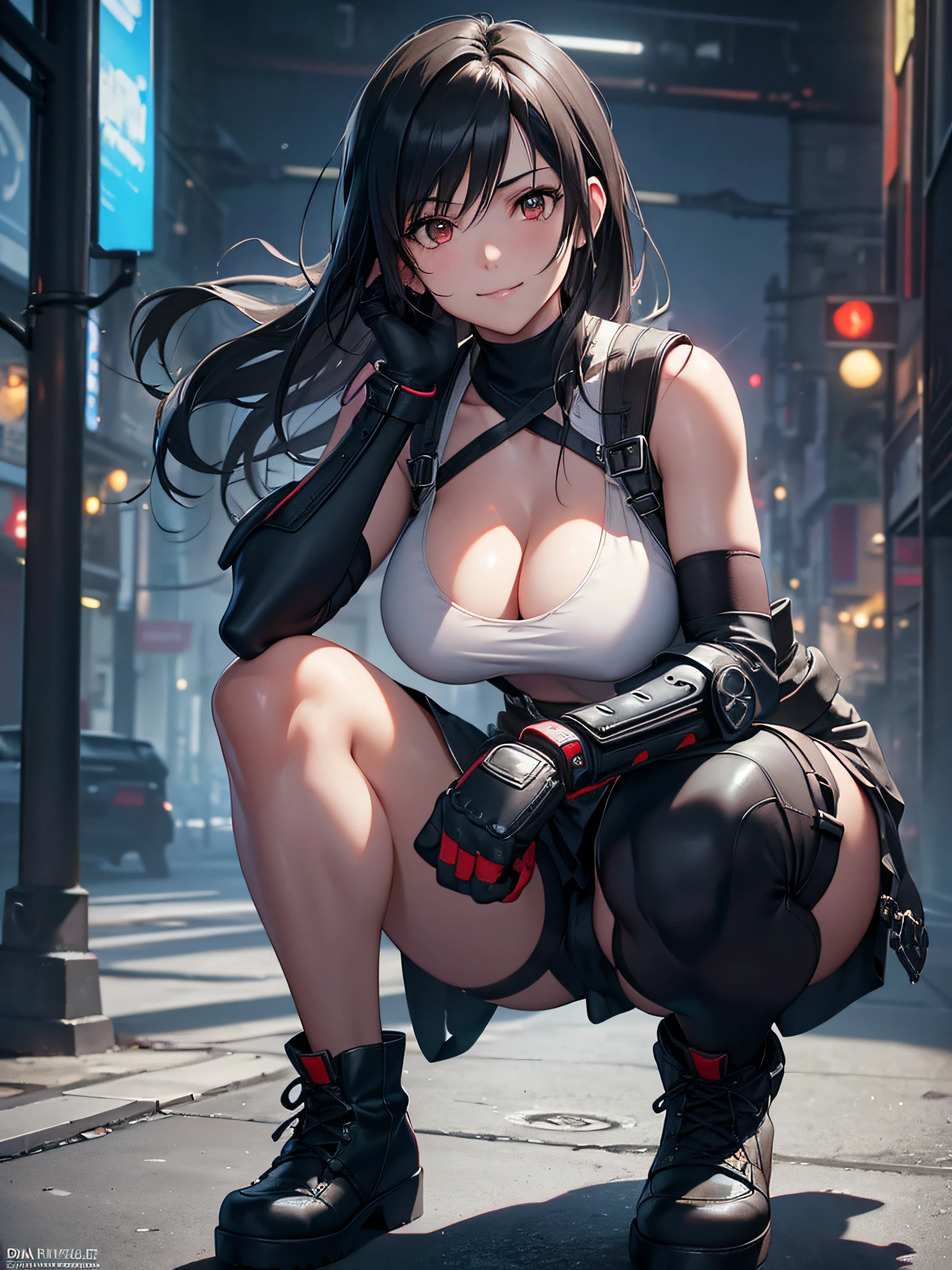 (8K, Best Quality, Masterpiece: 1.2), (Realistic, Photorealistic: 1.37), Super Detail, One Girl, Cute, Solo, (Tifa Lockhart), (Big Breasts), (Beautiful Eyes), (Smile: 1.2), Closed, Model Pose, (Green Neon), Cityscape, Depth of Field, Dark Strong Shadows, Sharp Focus, Motion Blur, Depth of Field, composition, , Final Fantasy VII, (nose brush), single elbow pads, ankle boots, black hair, red boots, elbow gloves, elbow pads, fingerless gloves, sports bra, black skirt (suspenders), white tank top: 1.5, full body, headrest, beautiful face, long hair, (red_eyes), (night: 1.5), complex, Cinematic Lighting, Photon Mapping, Radiosity, Physically Based Rendering, (Tetsuya Nomura style), Perfect Breast, Cleavage: 1.2,