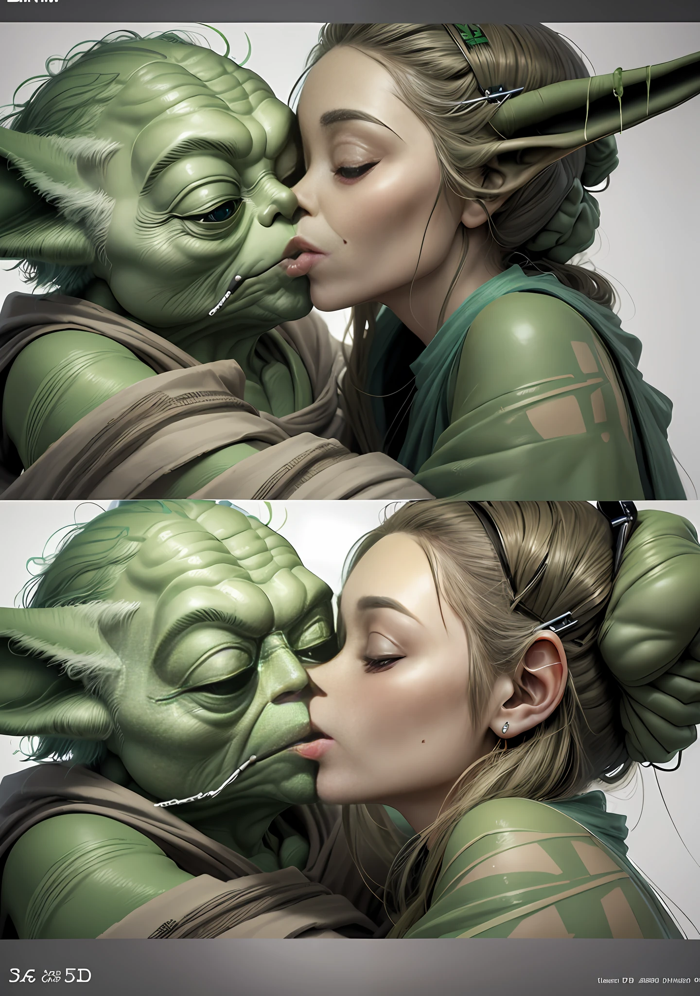 3D designs, fine lines, highly detailed, ((master Yoda kissing a woman with open eyes)), happy romantic look --s 750 --niji 5 --auto --s2