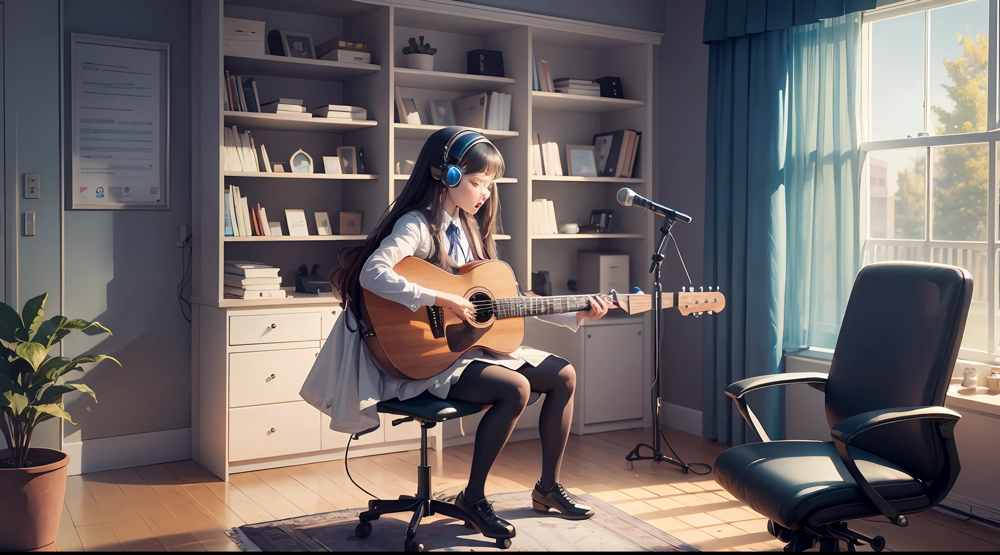 by mooncryptowow, one giving singing lessons works in a music room with computers, she is trained to control artificial intelligence for voice conversion, the environment is a clean room where order, ultra-realistic representation --auto --s2