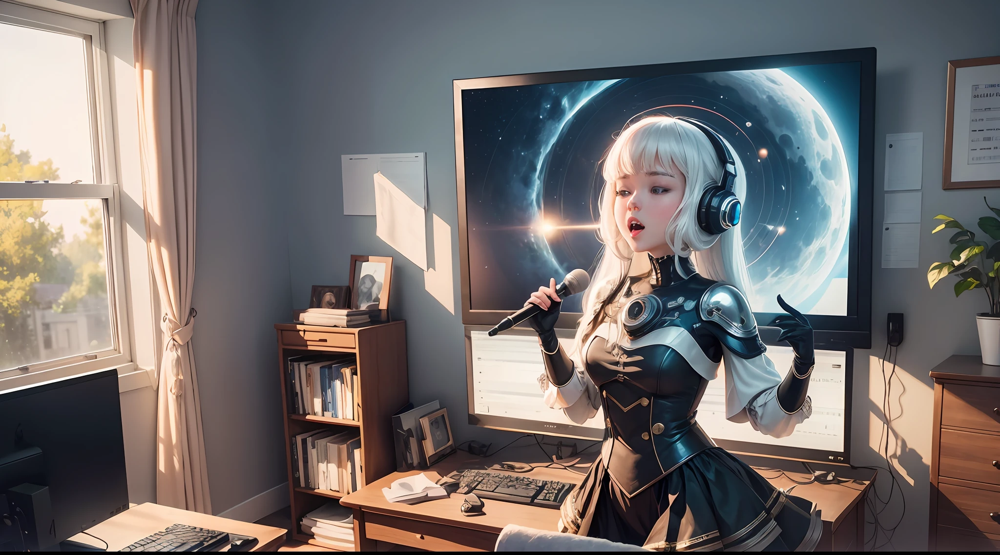 by mooncryptowow, one giving singing lessons works in a music room with computers, she is trained to control artificial intelligence for voice conversion, the environment is a clean room where order, ultra-realistic representation --auto --s2