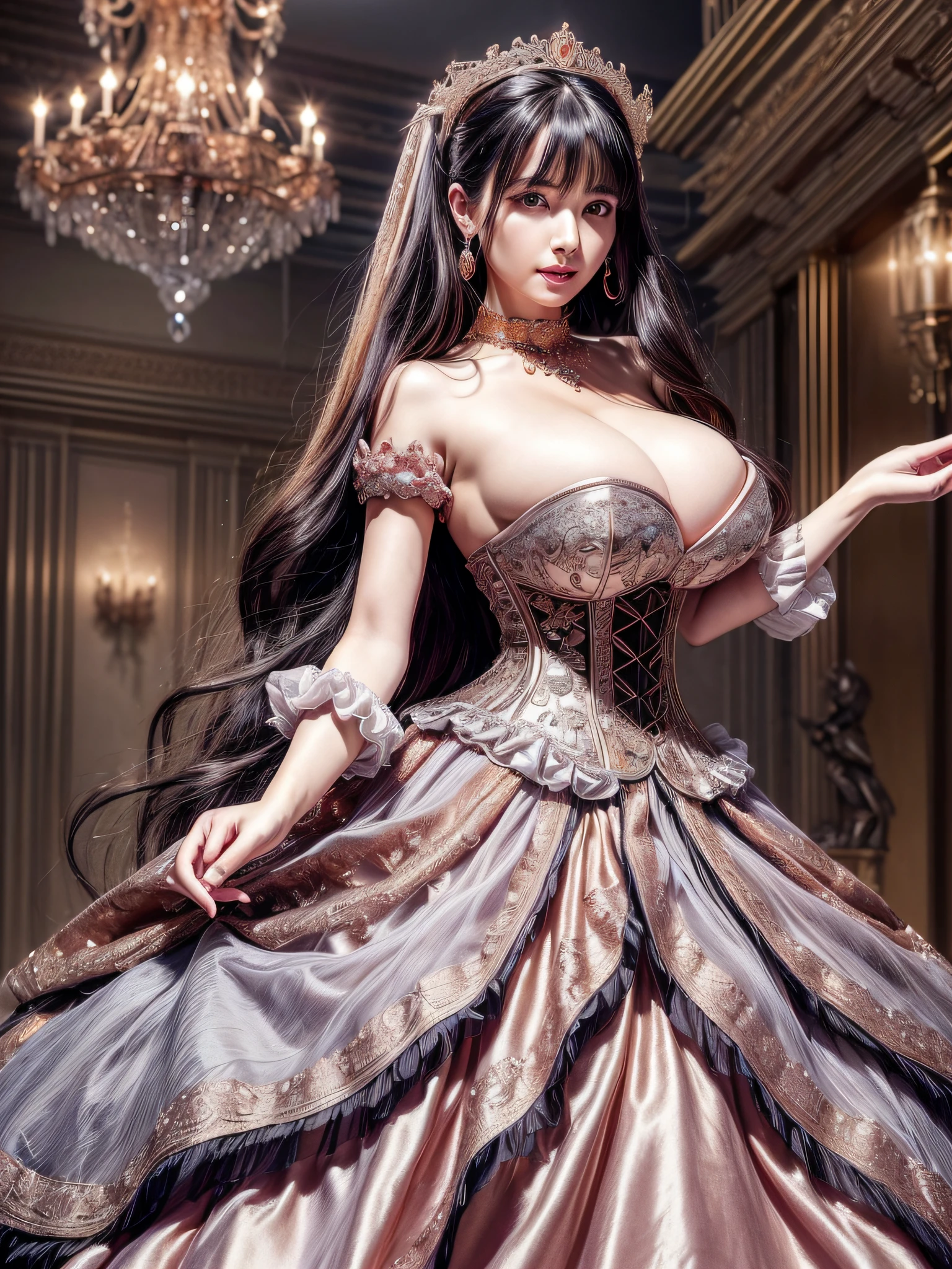 ((anime moe artstyle)),(((Masterpiece))), ((Best Quality)), ((Super Detail)), (Illustration), (((Very Delicate and Beautiful))),Dynamic Angle,Looking at viewer,((((Solo)))),((1 arrogant lady)),(a beautiful fantasy arrogant empress),(((Full body))),Standing,royal elegant pose,((dominant pose)),(arrogant),((haughty smile)),Purple eyes,(Sharp eyes),Detailed Face, Long Eyelashes,(Jet Black Hair),(Straight Hair),(((Very Long Hair))),Bangs between eyes, ((((gigantic breasts)))),cleavage,(skindentation),curvy,(rococo ball gown with gorgeous embroidered black and rose gold ruffles),(gorgeous embroidered black and rose gold ruffled rococo ball gown),(fluffy Black and rose gold ballgown with gorgeous embroidery),corset,((hoop skirt)),princess dress with lots of jewels,((gorgeous embroidery)),(rose gold trim),((crinoline)),opera gloves,finely decorated jeweled tiara, gem earrings,finely decorated necklace,Beautifully jeweled ornaments,indoor,royal ballroom,light particles,