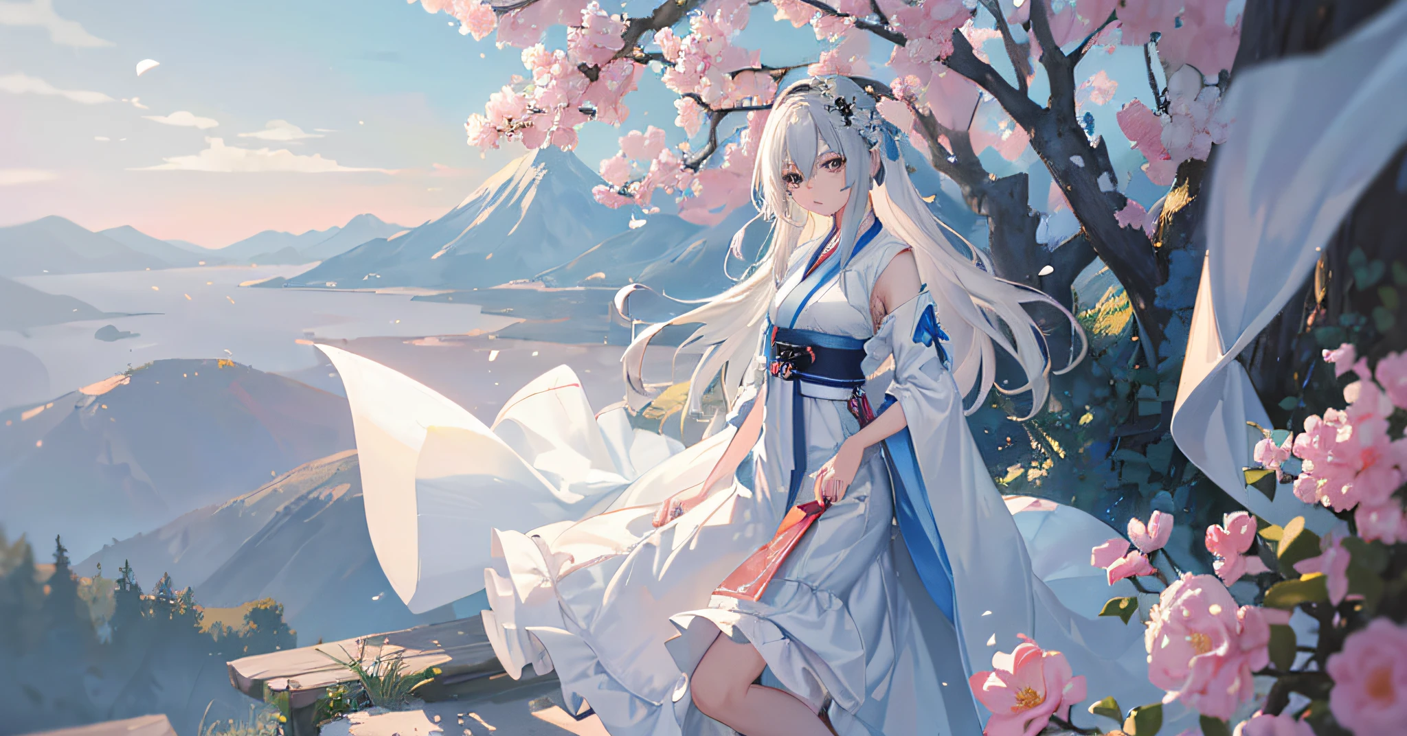 (Masterpiece: 1.5), (Best Quality: 1.5), (Super Fine: 1.5), Illustration, Denim Photo, 1 Girl, Solo, (Building), Perfect Face, Flowers Handheld, Colorful Butterfly, Radiant Skin, Long Hair, Slender Legs, Ultra Wide Angle, Full Body, Vista, Small White Shoes, Beautiful Delicate Eyes, Beautiful Long Flowing Hair, (ru_qun:1.5), (Hanfu: 1.5), Hanfu, White Dress, White Stockings, (Bloom), Lighting, Ray Tracing, Outdoor, Mountains, Nature, Hair Accessories, Headbands, Hands on Hips, Looking at the Viewer, Ahoge, Big Breasts, (Depth of Field: 1.5), Headgear, Forest,