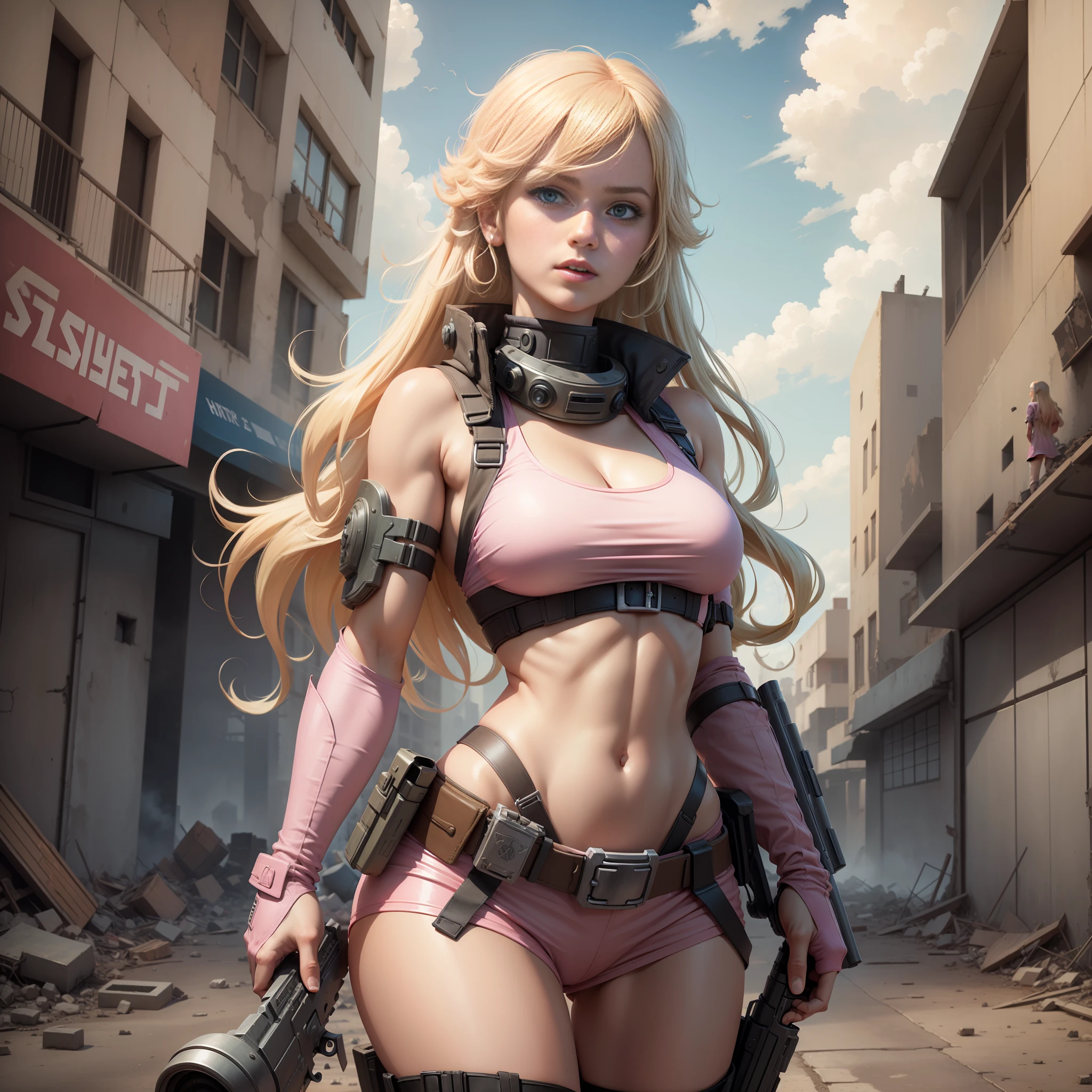 A woman, pink army outfit, athletic body, holding a gun, short clothes, blonde hair, blue eyes, long hair, in an apocalyptic city, deserted, destroyed city, princess peach,