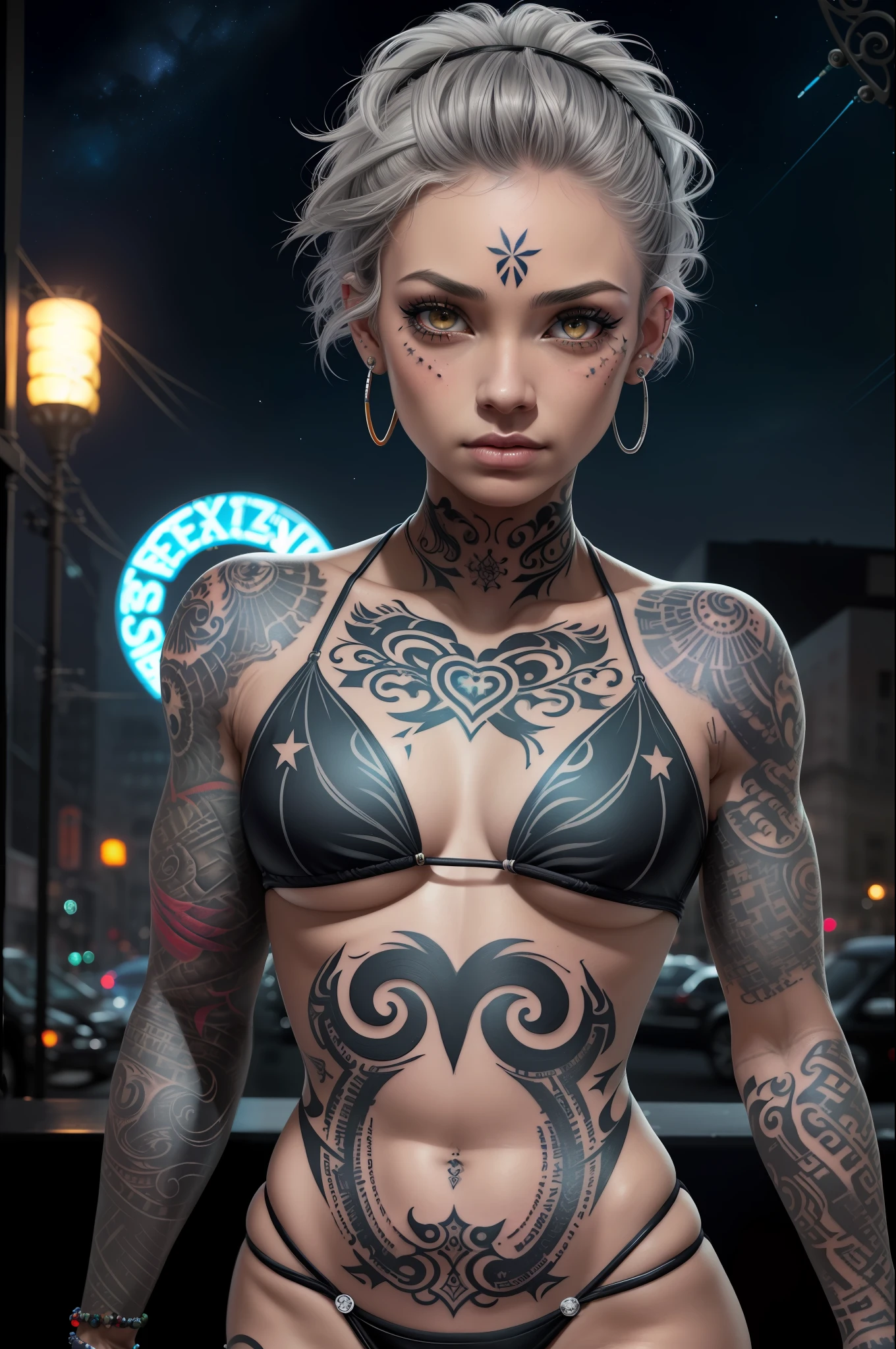 Night City, Neon, Perfect Starry Sky, UHD, High Detail, High Detail, Super Detail, Ultra Fine Detailed Painting, (One Woman),16k,Lots of piercings in the ears,Lots of piercings on the face,Body piercings,Tattoos on the face,, Tattoos around the eyes,Gray hair, Micro bikini, Plain bikini, (less fabric bikini), Big eyes, Long eyelashes, Very long eyelashes, Ethnic tattoos, (tattoos covering the whole body), (lots of tattoos), tattoos on the chest, tattoos on the arms, tattoos on the fingers, (tattoos all over the chest), beautiful features, neutral facial features, (short hair), beksinski, artem demla