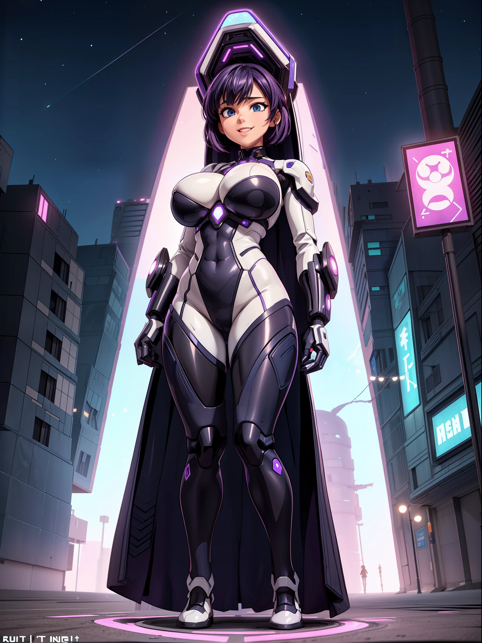 ((full body):2) {((A woman/standing):1.5)}: ((wearing white mecha suit with extremely tight black body parts):1.2), ((extremely large breasts):1.5) , ((shimmering blue eyes, short purple hair)1.2), ((looking at viewer with loving gaze, smile):1.3), ((erotic pose):1.3), \n She is in a((futuristic city , it's night, many people on the street with different clothes and ethnicities):1.5), anime, anime-style, 16k, ((best quality, high details):1.4), masterpiece, UHD