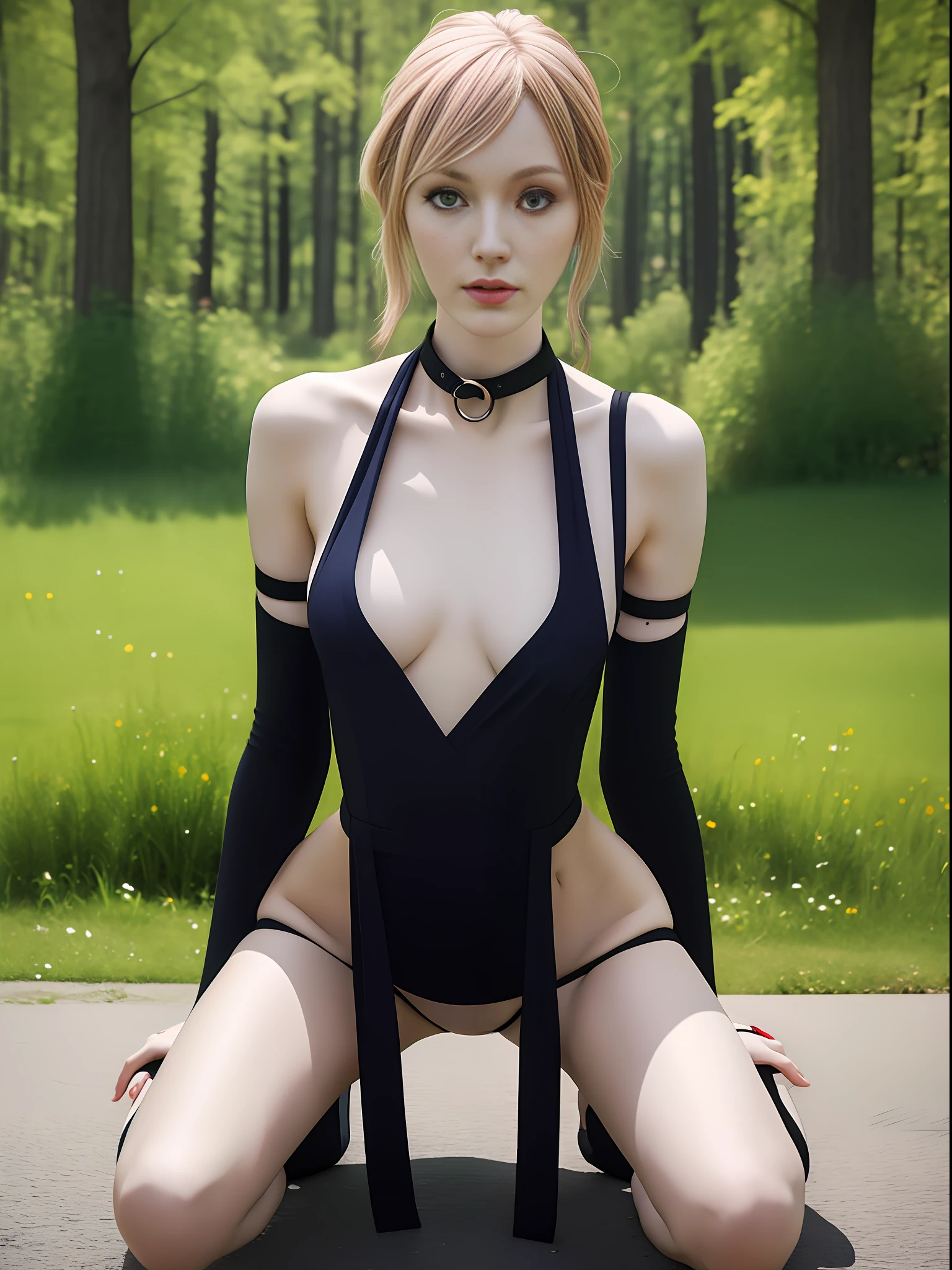 masterpiece, high quality, high resolution, high quality, collar, fair skin, slender, bondage clothes, five fingers, kneeling, open legs