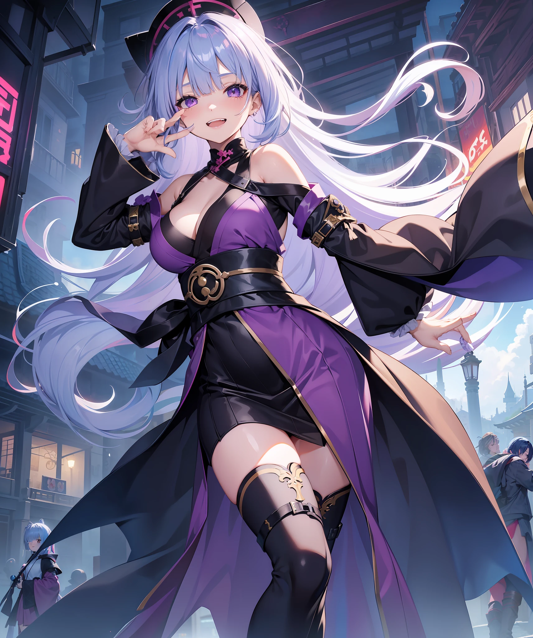 fantasy, 1ninja,girl,(loli:1.4),teen, ponytail, (light_blue_hair)1.2, (very_long_bangs:1.3), (hair_over_one_eye:1.5),(long_bang_covers_right_half_of_face)++,(drooping_eye)+++, red_eye, gentle_face,blush, large_breasts, cloudy_sky, day,purple_clothes, sideless_kimono, ,public,in_fantasy_town_background, pelvic_curtain, thighhighs, boots, happy, open_mouth,childlike smile,grin, teeth, covered_breasts, bare_shoulder, covered_neck