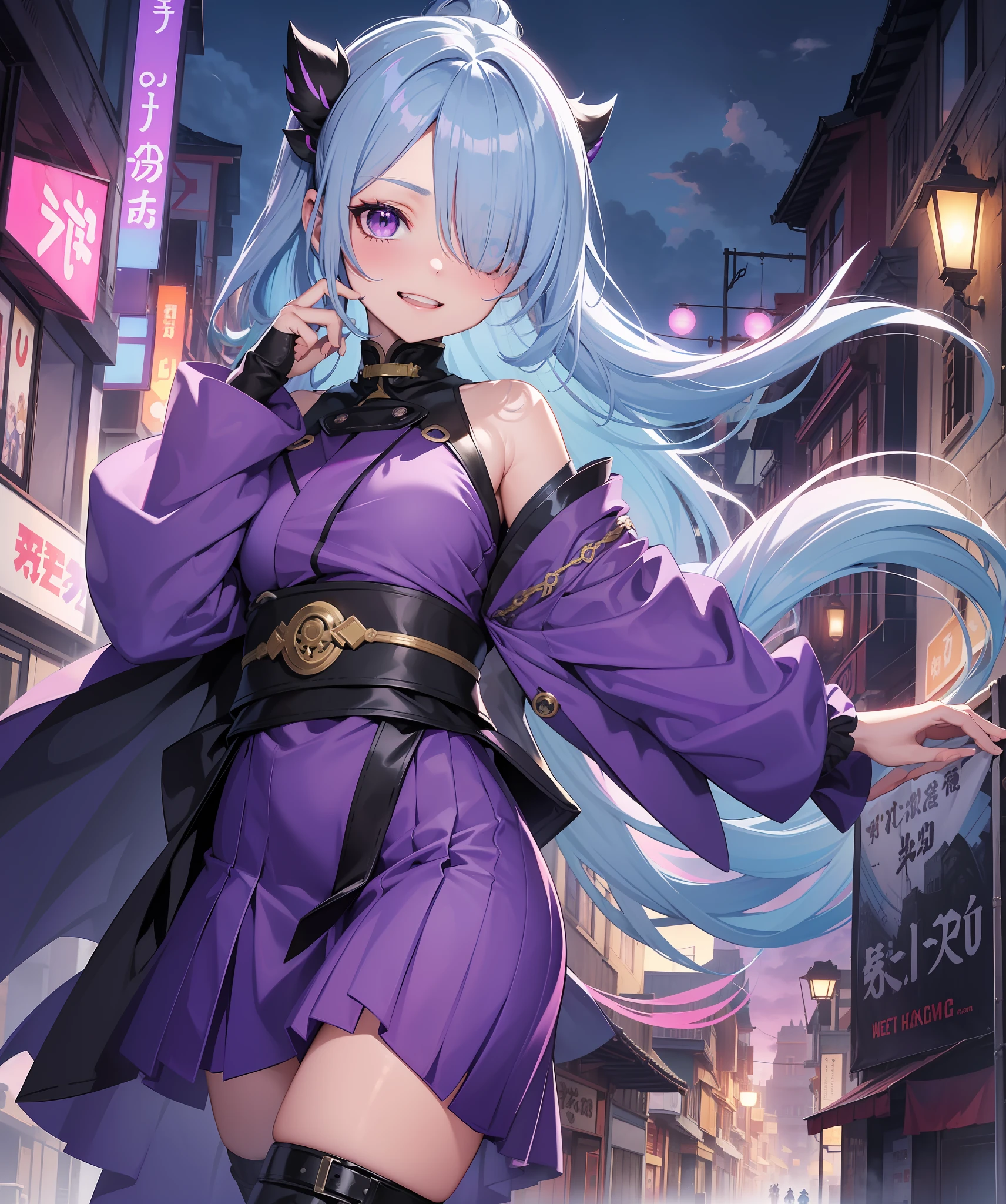 fantasy, 1ninja,girl,(li:1.4),teponytail, (light_blue_hair)1.2, (very_long_bangs:1.3), (hair_over_one_eye:1.5),(long_bang_covers_right_half_of_face)++,(drooping_eye)+++, red_eye, gentle_face,blush, large_breasts, cloudy_sky, day,purple_clothes, sideless_kimono, ,public,in_fantasy_town_background, pelvic_curtain, thighhighs, boots, happy, open_mouth,childlike smile,grin, teeth, covered_breasts, bare_shoulder, covered_neck
