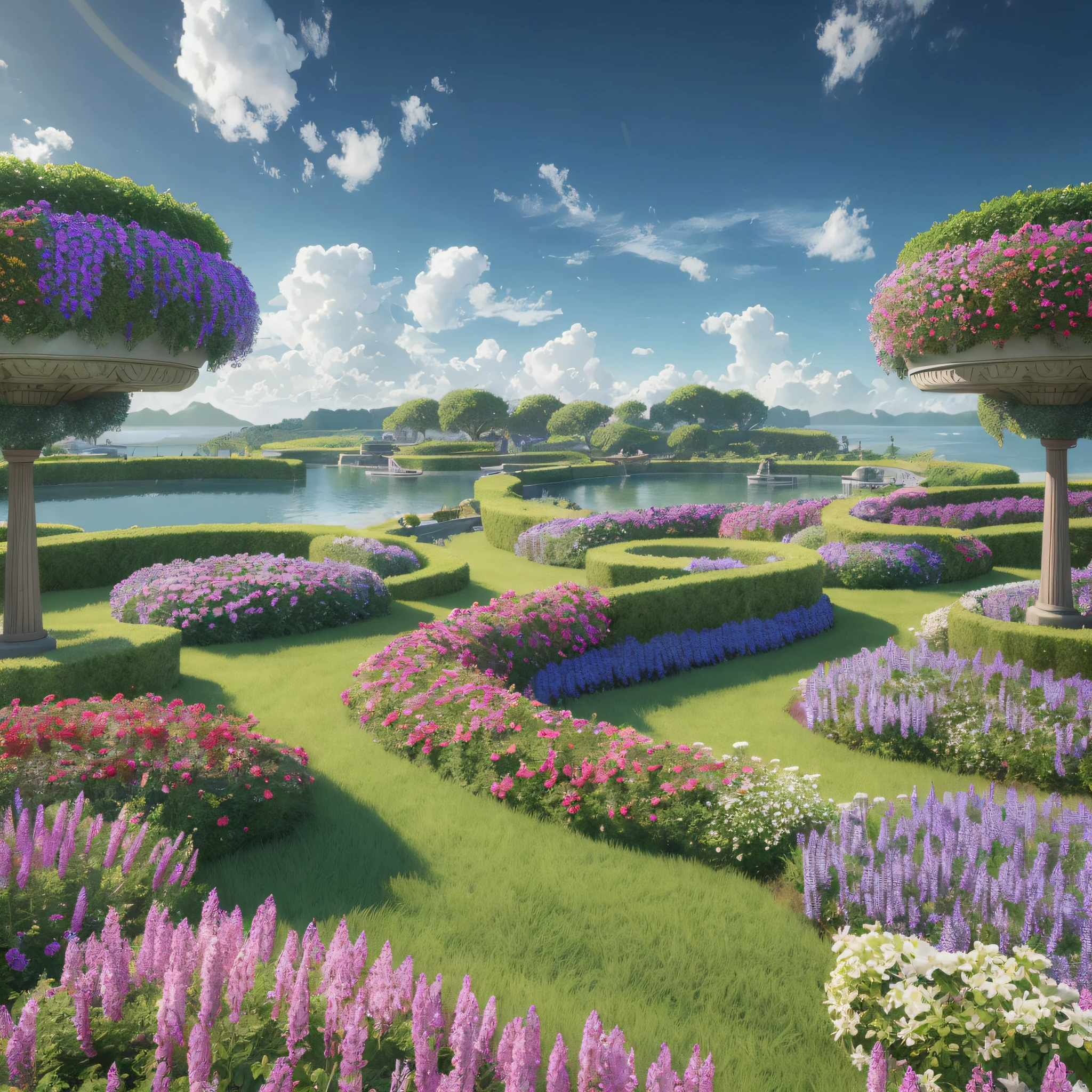 vanishing point, floating garden with all kinds of flowers, game CG, kingdom of light background, flyover, game rendering, fantasy 3D rendering, vertigo fantasy 3D rendering, 3D game art, 3D game art, gorgeous border + concept art, high detail official artwork --auto --s2