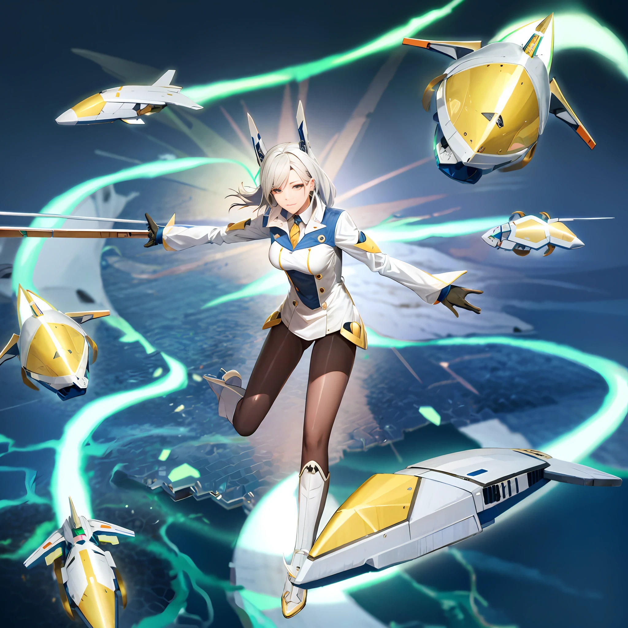 Mecha, flying, silverhair, stockings, sexy
