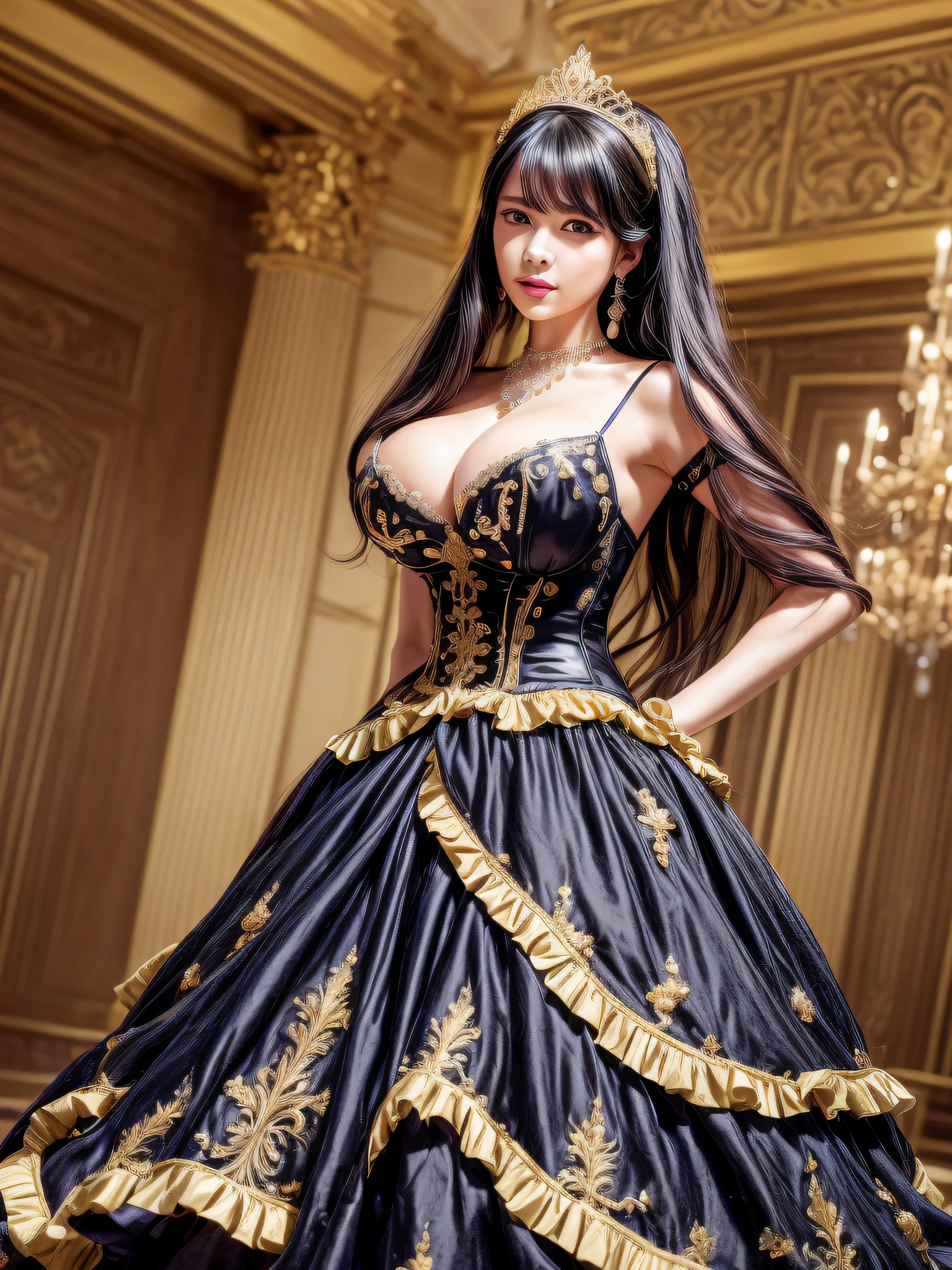 ((anime moe artstyle)),(((Masterpiece))), ((Best Quality)), ((Super Detail)), (Illustration), (((Very Delicate and Beautiful))),Dynamic Angle,Looking at viewer,((((Solo)))),((1 arrogant lady)),(a beautiful fantasy arrogant empress),(((Full body))),Standing,royal elegant pose,((dominant pose)),(arrogant),((haughty smile)),Purple eyes,(Sharp eyes),Detailed Face, Long Eyelashes,(Jet Black Hair),(Straight Hair),(((Very Long Hair))),Bangs between eyes, ((((gigantic breasts)))),cleavage,(skindentation),curvy,(rococo ball gown with gorgeous embroidered black and gold ruffles),(gorgeous embroidered black and gold ruffled rococo ball gown),(fluffy Black and gold ballgown with gorgeous embroidery),corset,((hoop skirt)),princess dress with lots of jewels,((gorgeous embroidery)),(gold trim),((crinoline)),opera gloves,finely decorated jeweled tiara, gem earrings,finely decorated necklace,Beautifully jeweled ornaments,indoor,royal ballroom,light particles,