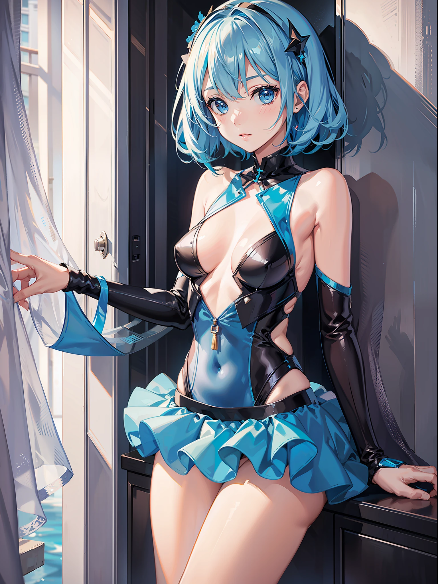 Slender beautiful girl, futuristic blue swimsuit, high resolution, top quality, super detail, fine details, no blush, knee-high, ruffles, skirt, small breasts, short hair