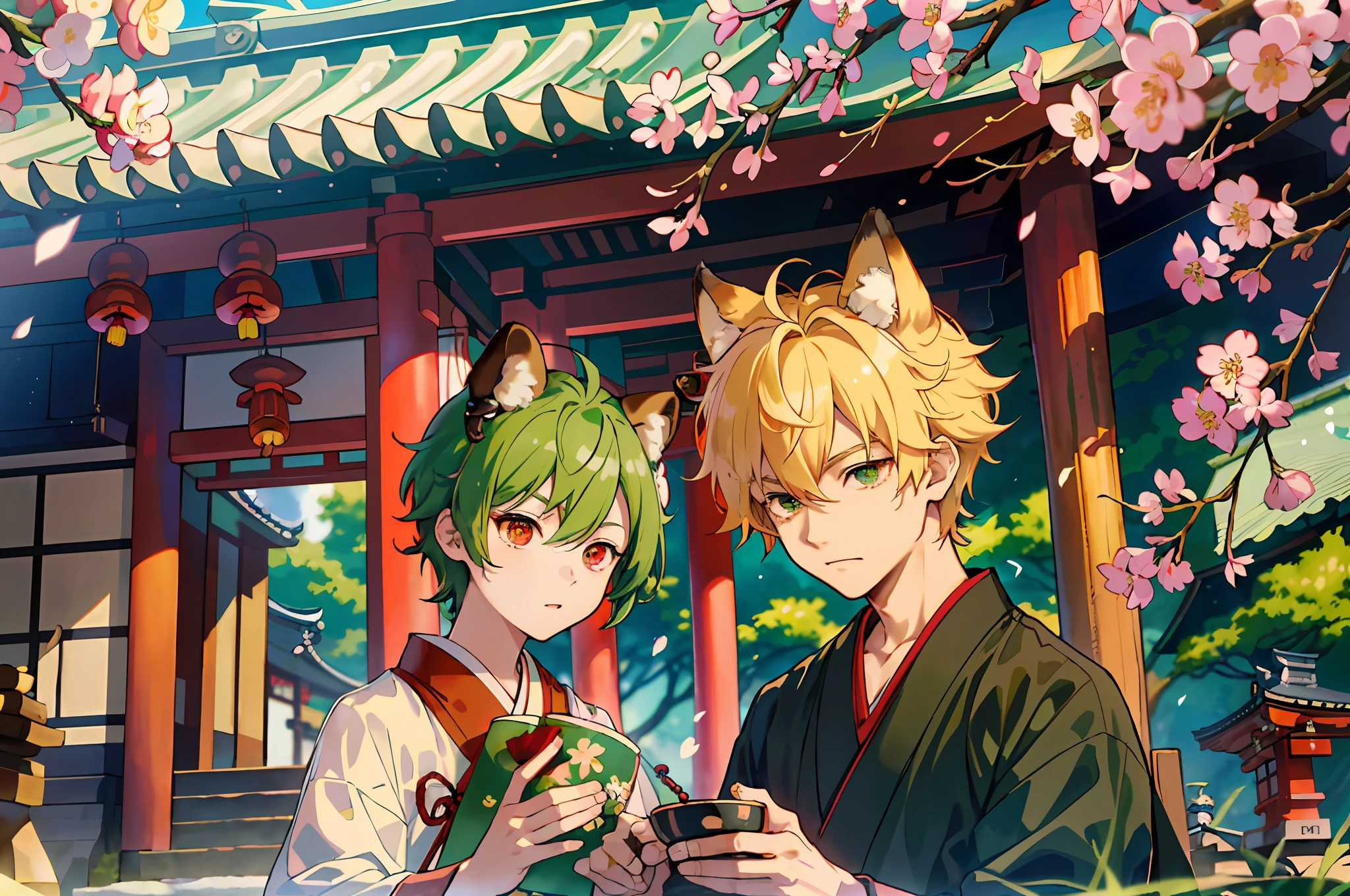 (Representative work: 1.4, Best Definition, 8K), (Gay couple: 1.6), (Blonde spiked hair and red eyes, fox ears: 1.1), (Short green hair and big eyes, raccoon ears: 1.2), (Japan Shinto priest, wedding: 1.3), cherry blossom viewing at a temple in Kyoto.