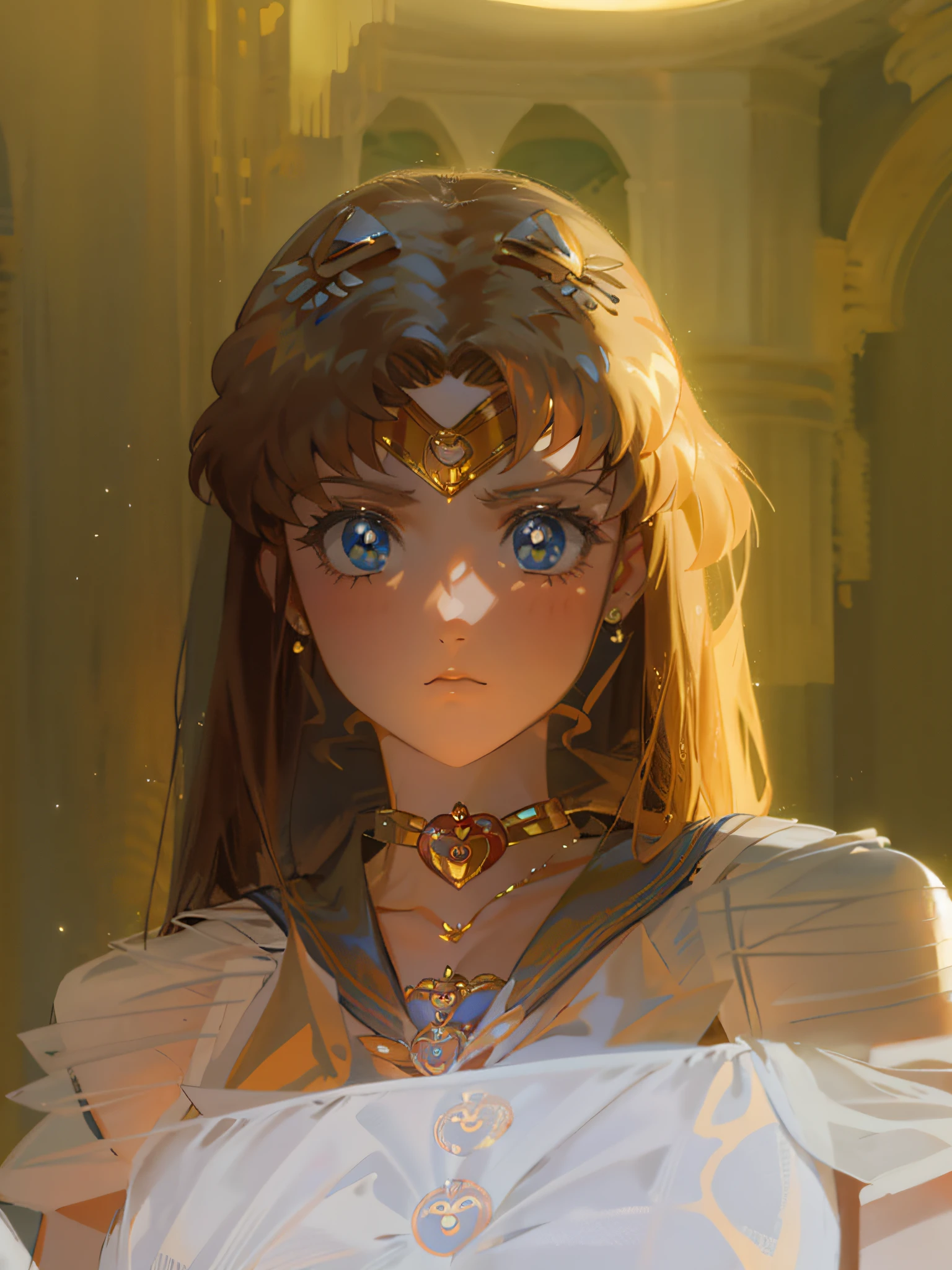 HD, (Best Detail), (Best Quality), Arad woman posing for photo with shoulder-length white shirt and necklace, Super Mariner Moon, ((Sailor Moon), forehead decoration,
