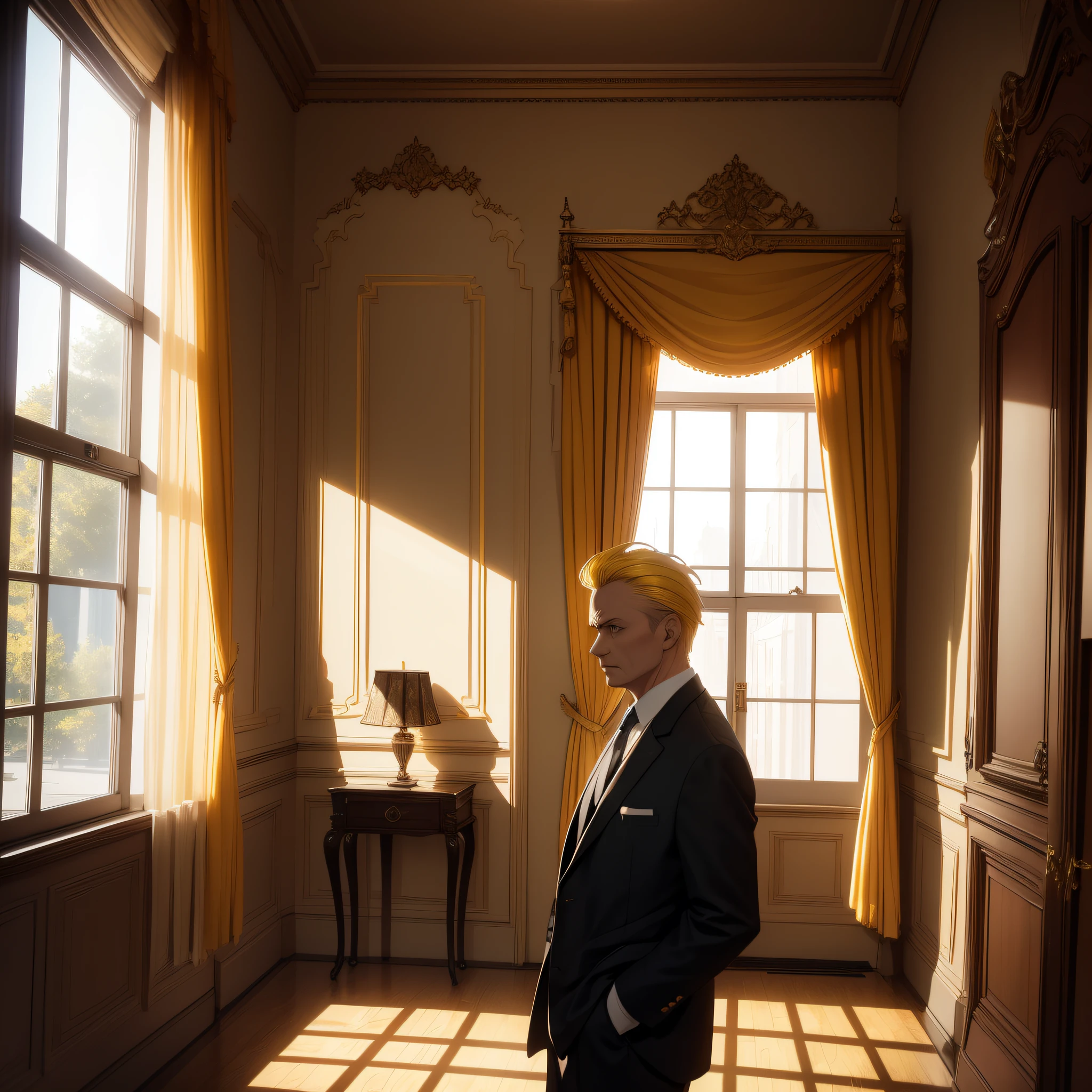 Absurd resolution, high resolution, (masterpiece: 1.4), hyperdetail, yellow hair male middle-aged, suit, spooky room, open curtains