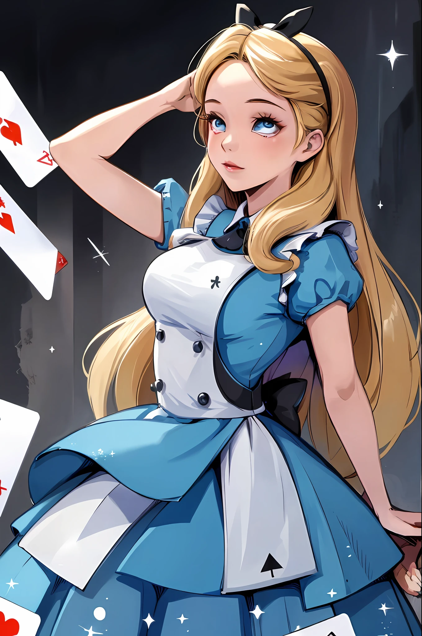 masterpiece,best quality,highres, ultra-detailed, solo, 1girl,  AliceWonderlandWaifu, dress, large breast, in worderland,
have a playing cards, (ahegao:1.2), (head back:1.2)