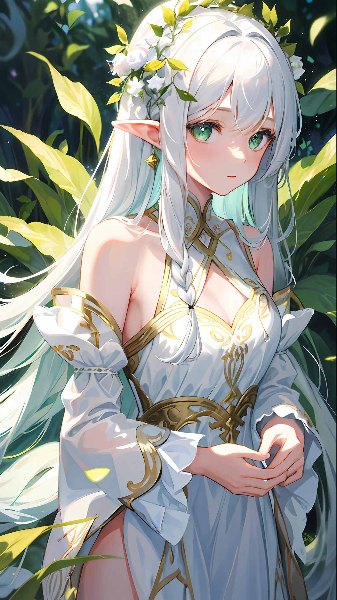 masterpiece, superb painting, Illustrations, 1 girl, cute, (dynamic light: 1.2), cinematic light, delicate facial features, (beautiful eyes: 1.2), (bright green eyes: 1.233), waterfall braid, extra long white hair, elf ears, depth of field, background bokeh, clear focus, (super detailed, halo, glow: 1.4), long white hair, beautiful girly face, fair, medium, glowing body, (bare shoulders: 1.1), (nudity: 1.1), dress, trimmed white, Delicate and gorgeous, (slit sleeves, wide sleeves), leafy green hairpin