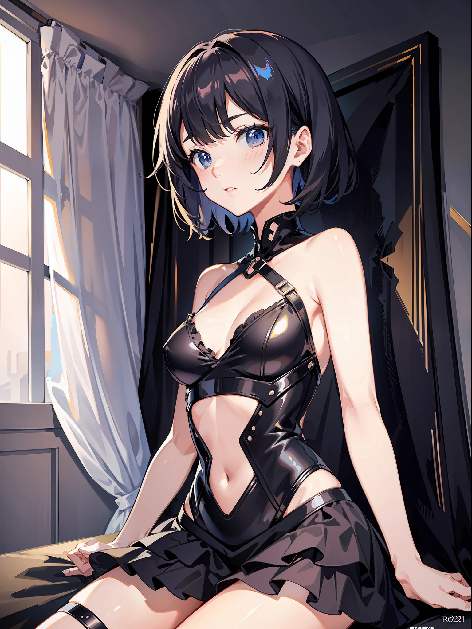 slender pretty girl, futuristic swimsuit, high resolution, top quality, super detail, fine details, no blush, knee-high, ruffles, skirt, small breasts, short hair