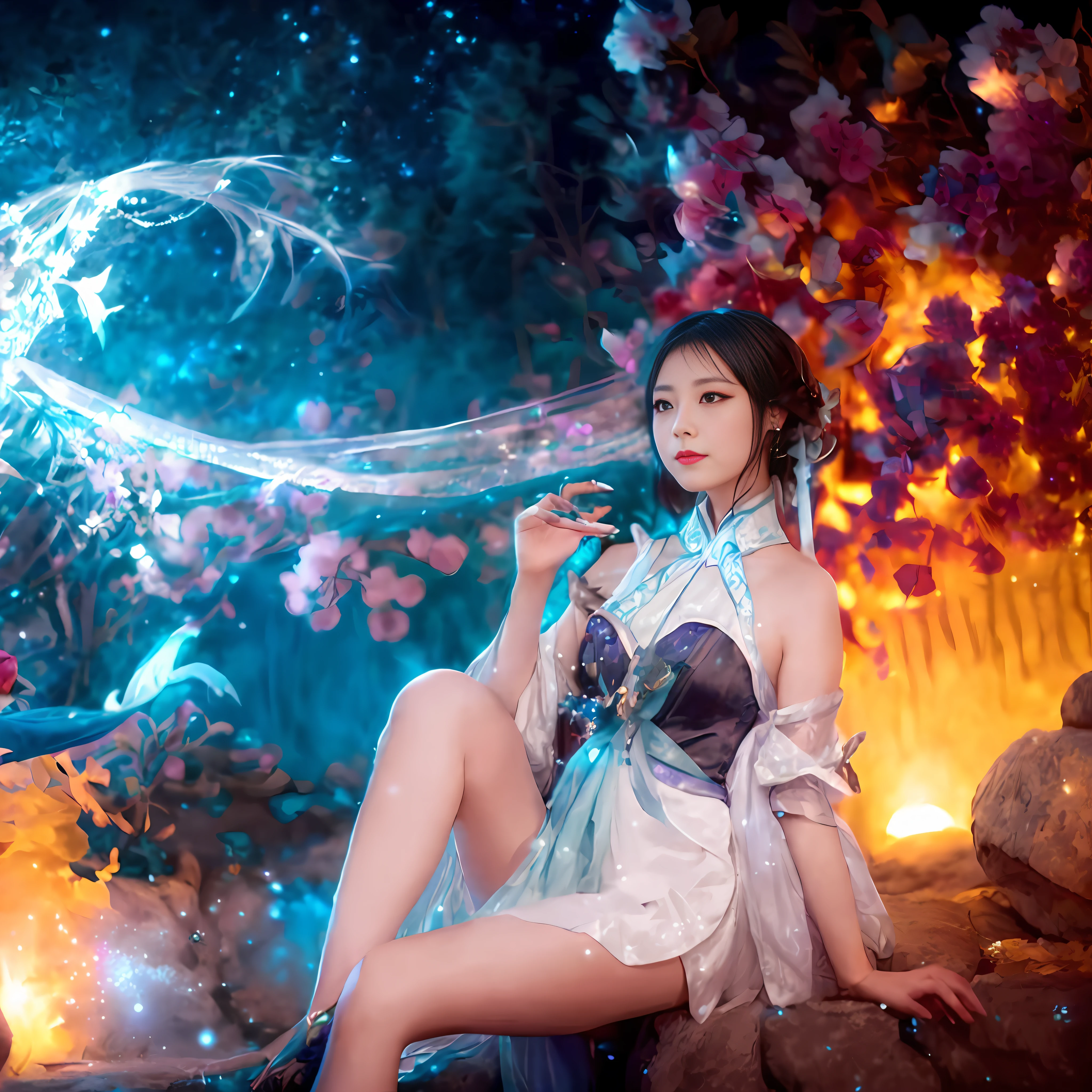 arafed woman in a white dress sitting on a rock with a blue light, fantasy photoshoot, chinese fantasy, closeup fantasy with water magic, ethereal fantasy, elegant glamourous cosplay, glamourous cosplay, fantasy gorgeous lighting, inspired by Lan Ying, beautiful celestial mage, oriental fantasy, fantasy art style, fantasy photography, xianxia fantasy, trending on cgstation