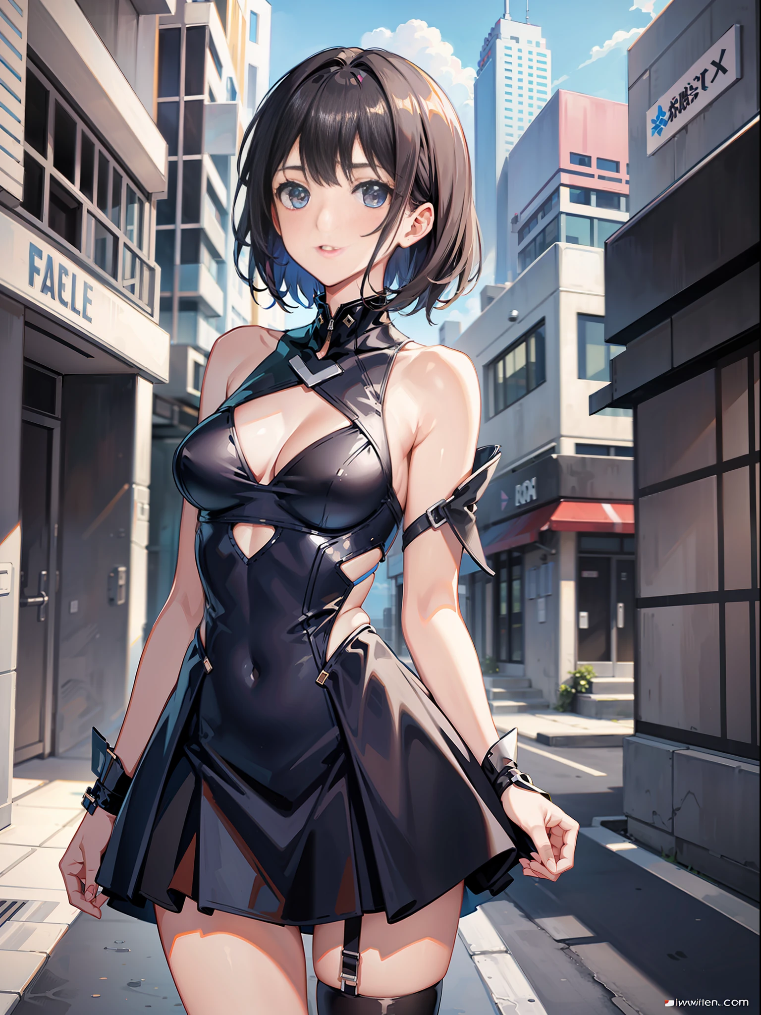 slender pretty girl, futuristic swimsuit, high resolution, top quality, super detail, fine details, no blush, knee-high, ruffles, skirt, small breasts, short hair