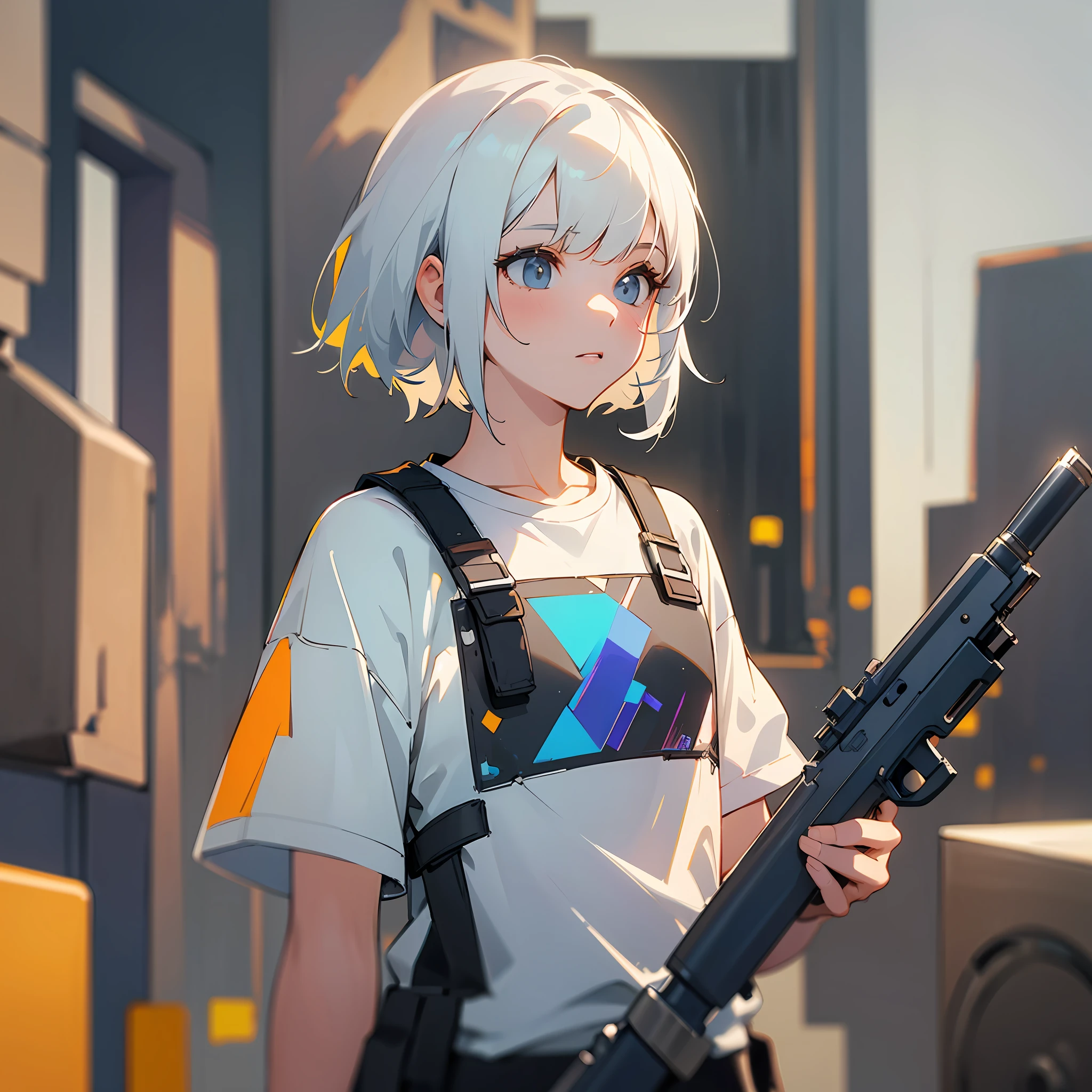 The white-haired girl holds a mosaic gun, which has delicate lines and obvious texture; The subject of this painting is a white-haired girl wearing a brightly colored T-shirt and pants, standing on a gray background, creating a stark contrast. The background is also important, ask for a gray background, but need to highlight the white-haired girl, you can use the bokeh effect. The overall lighting and shadow effect should be expressed as rich as possible to highlight the subject of the picture.