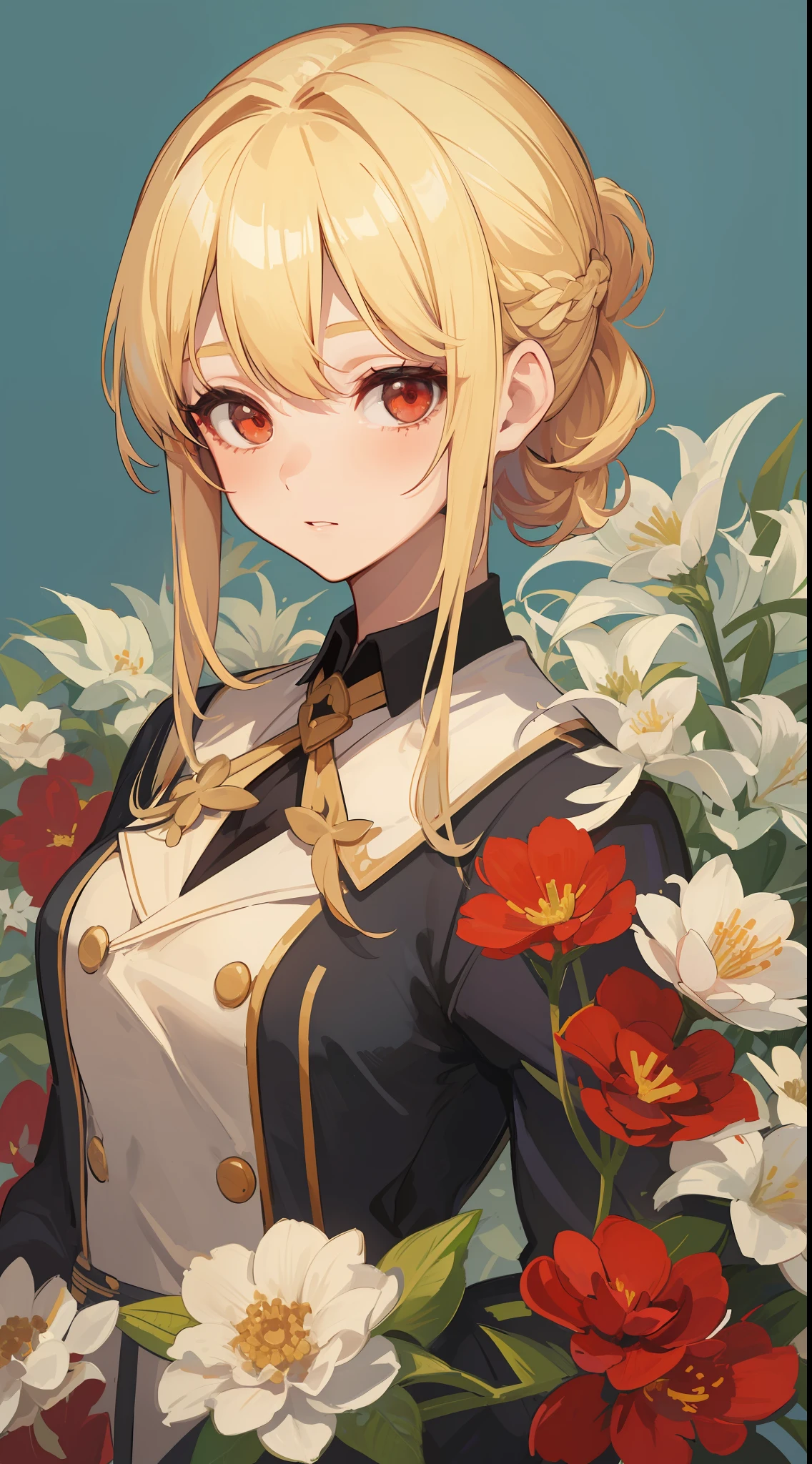 1 girl, wearing a queen's uniform, blonde hair style split flowers, her hair is tied up beautifully with a cute clip, red eyes, she is milf((37 year old face)) ((no multiple people))