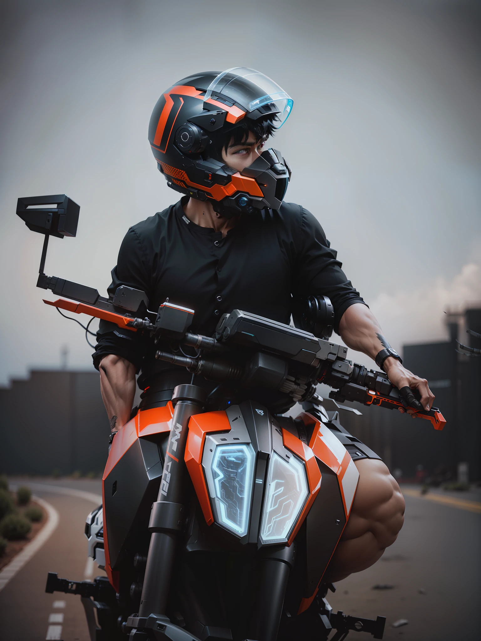 Full body black mecha white short hair cyber handsome warrior, black cyber mechanical motorcycle, high-tech black full surround helmet, white short hair, Nousr, biomechanics, MSHN robot man, high-tech helmet, surreal, steel, intricate design, crazy details, fine details, extremely clear lines, cinematic lighting, photo realistic, detailed masterpiece