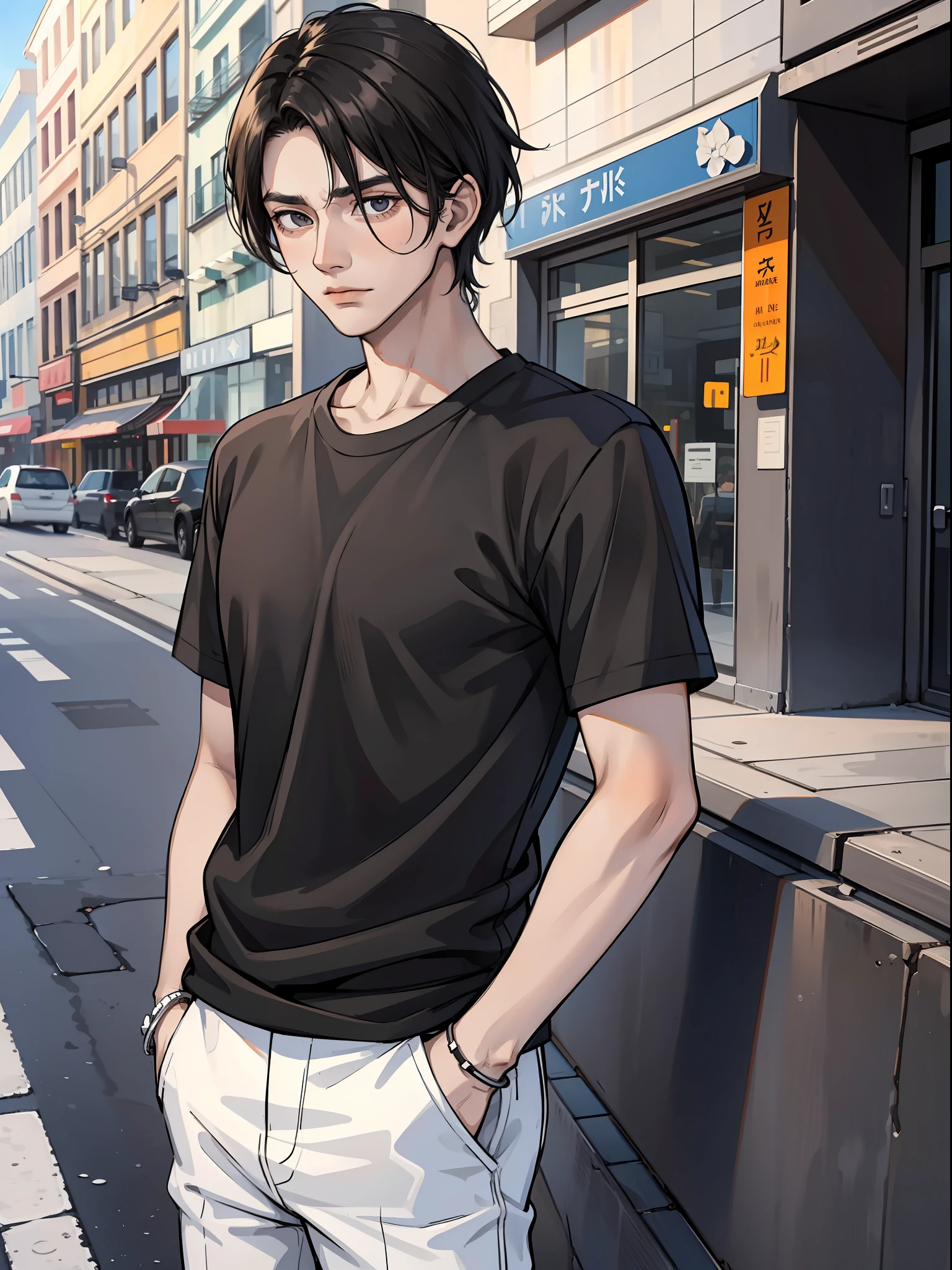 Black haired man, black shirt, white trousers, urban, roadside, expression in memory