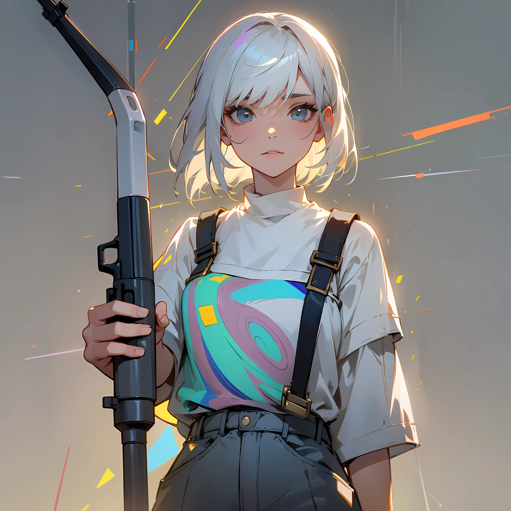 The white-haired girl holds a mosaic gun, which has delicate lines and obvious texture; The subject of this painting is a white-haired girl wearing a brightly colored T-shirt and pants, standing on a gray background, creating a stark contrast. The background is also important, ask for a gray background, but need to highlight the white-haired girl, you can use the bokeh effect. The overall lighting and shadow effect should be expressed as rich as possible to highlight the subject of the picture.