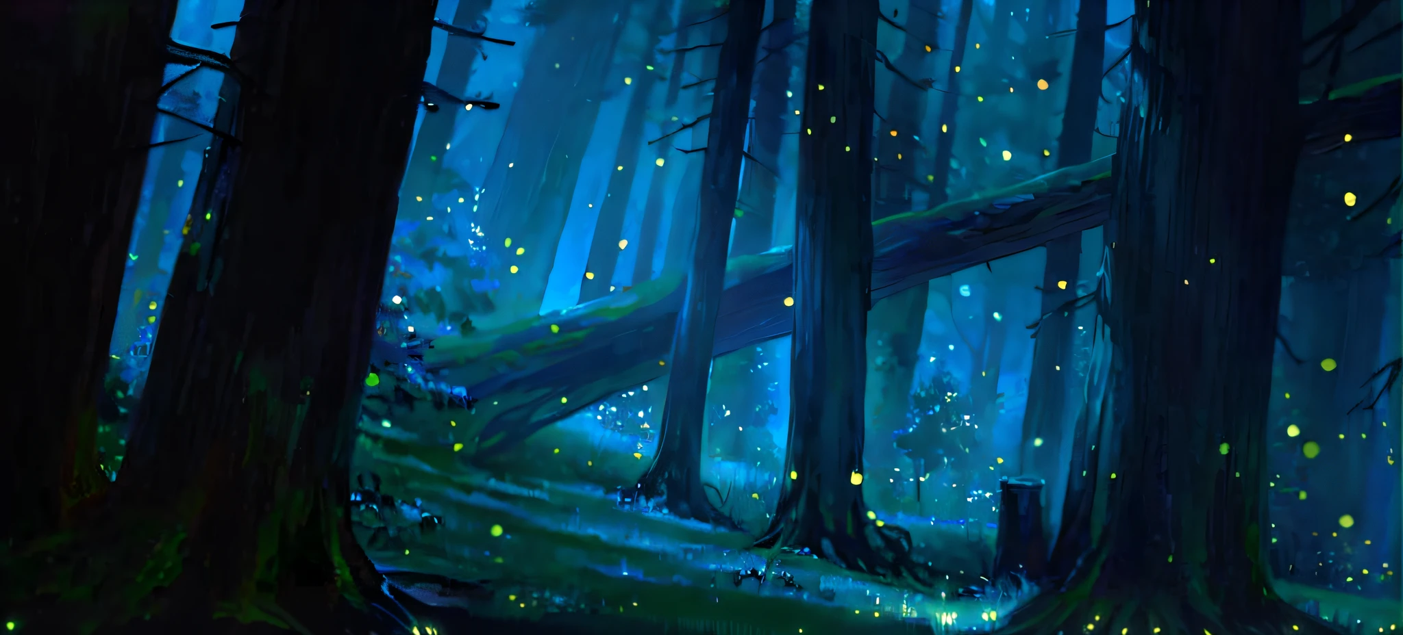 There are many fireflies flying in the air in the forest, and the firefly forest at night, glowing lights! Digital painting, background artwork, magical forest with fireflies, cozy night fireflies, blue fireflies, glowing forest, glowing fireflies, fireflies and sparkling wisps, quiet forest night view, some mist and fireflies, night forest, fireflies glowing, size 1980x2160, 8K
