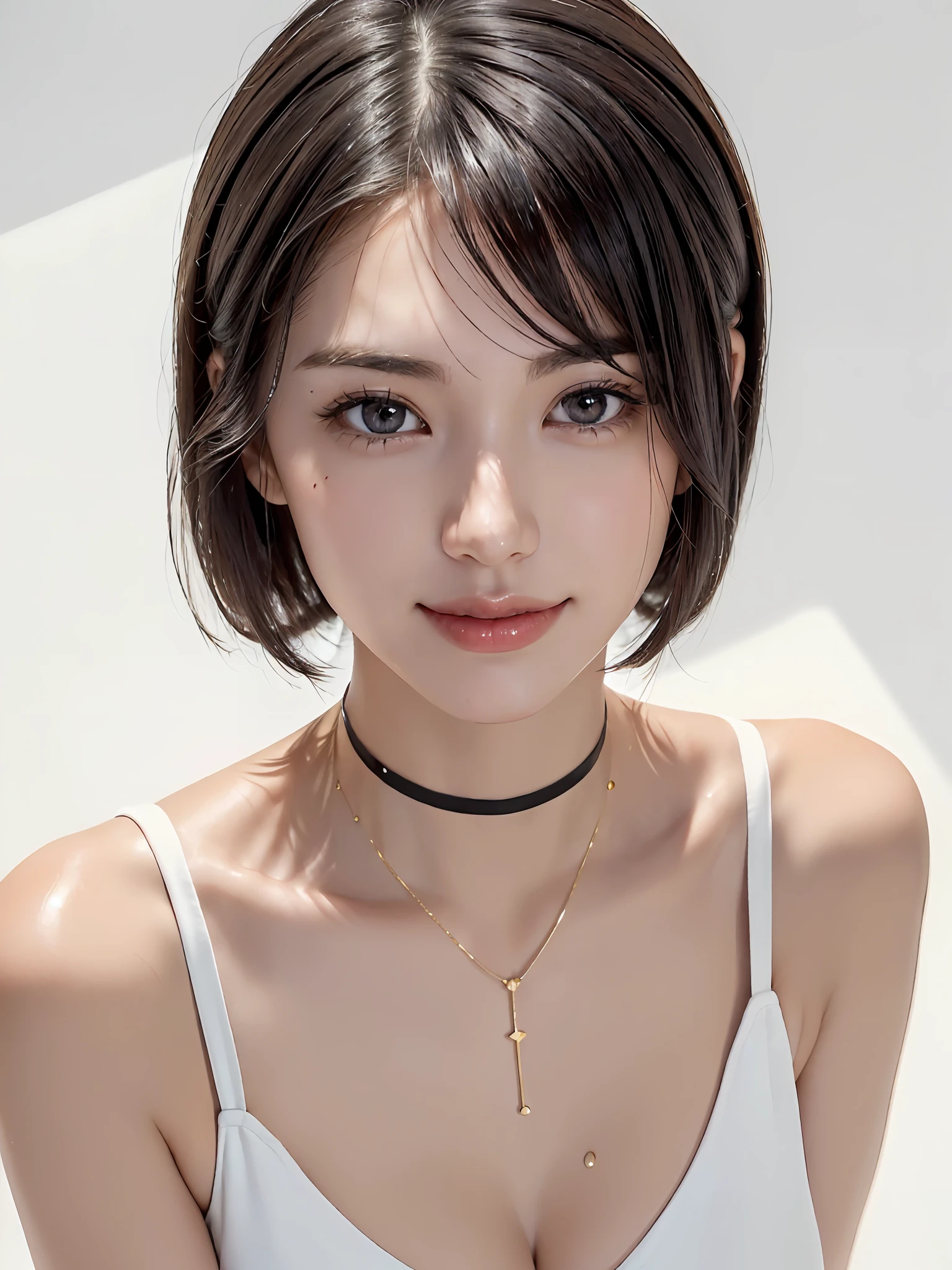(Close-up: 1.4), (((Look up at the camera from above, look up with only eyes, look up at the camera)) (RAW Photo: 1.2), (Photorealistic: 1.4), (Masterpiece: 1.3), (Best Quality: 1.4), Dreamy, (Detailed Eyes), (Detailed Facial Features), ((Detailed Clothes), (Close-up: 1.4), (Staring at the camera from above, Looking up at the camera, Look up with just eyes, look up at the camera)) (RAW Photos: 1.2), (Photorealistic: 1.4), (Masterpieces: 1.3), (Best Quality: 1.4), Dreamy, (Detailed Eyes), (Detailed Facial Features), (Detailed Clothing Features), Skin Tightness, (Slightly Shiny Skin), (Slender Girls), (Slim Girls), One Girl, (Full Body), (Solo), Cute, ( chest), bangs, bangs, straight hair, shiny beautiful black hair, pale black eyes, crystal pendants, (best quality, 8k, 32k, masterpiece, UHD: 1.2), pictures of women with cute Japan, Solo, girl 1, (large breasts), (tall woman), (abs), (lips), mouth closed, (medium short), firm double eyelids, wet skin, Only one very beautiful woman, Very beautiful, gaze looking directly at the camera, golden ratio face, golden ratio body, perfect body, perfect face, perfect breasts, big looking directly at the camera, non-permanent sexy expression, between the arms that make cleavage, chest close, very beautiful breasts, coquettish smile, very happy smile, big eyes, eye highlights, lip gloss, clear double eyelids, eyelashes, long neck, beautiful short hair, shiny dark black hair, bangs, thick bangs, slightly shiny skin, chest moles, teardrop moles, clean bangs, clean collarbones, clean snow-white background, sky background, crystal clear overwhelming charm, attractive natural light, 19 years old, choker, skin tightening, (slender girls), (slim girls), one girl, (full body), (solo), cute, (chest), bangs, bangs, Straight hair, shiny beautiful black hair, pale black eyes, crystal pendant, (best quality, 8k, 32k, masterpiece, UHD: 1.2), cute Japan woman photo, solo, one girl, (big eyes), (tall woman)