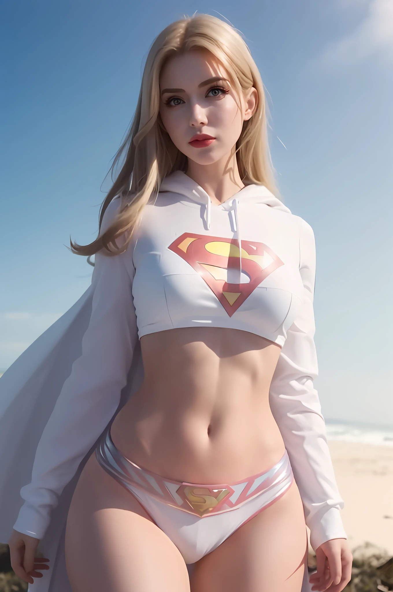 arafed woman in a superman costume posing on a beach, supergirl, amouranth, amouranth as a super villain, better known as amouranth, ig model | artgerm, in the style artgerm, cosplay, alexa grace, trending artgerm, style artgerm, power girl, like artgerm, cosplayer