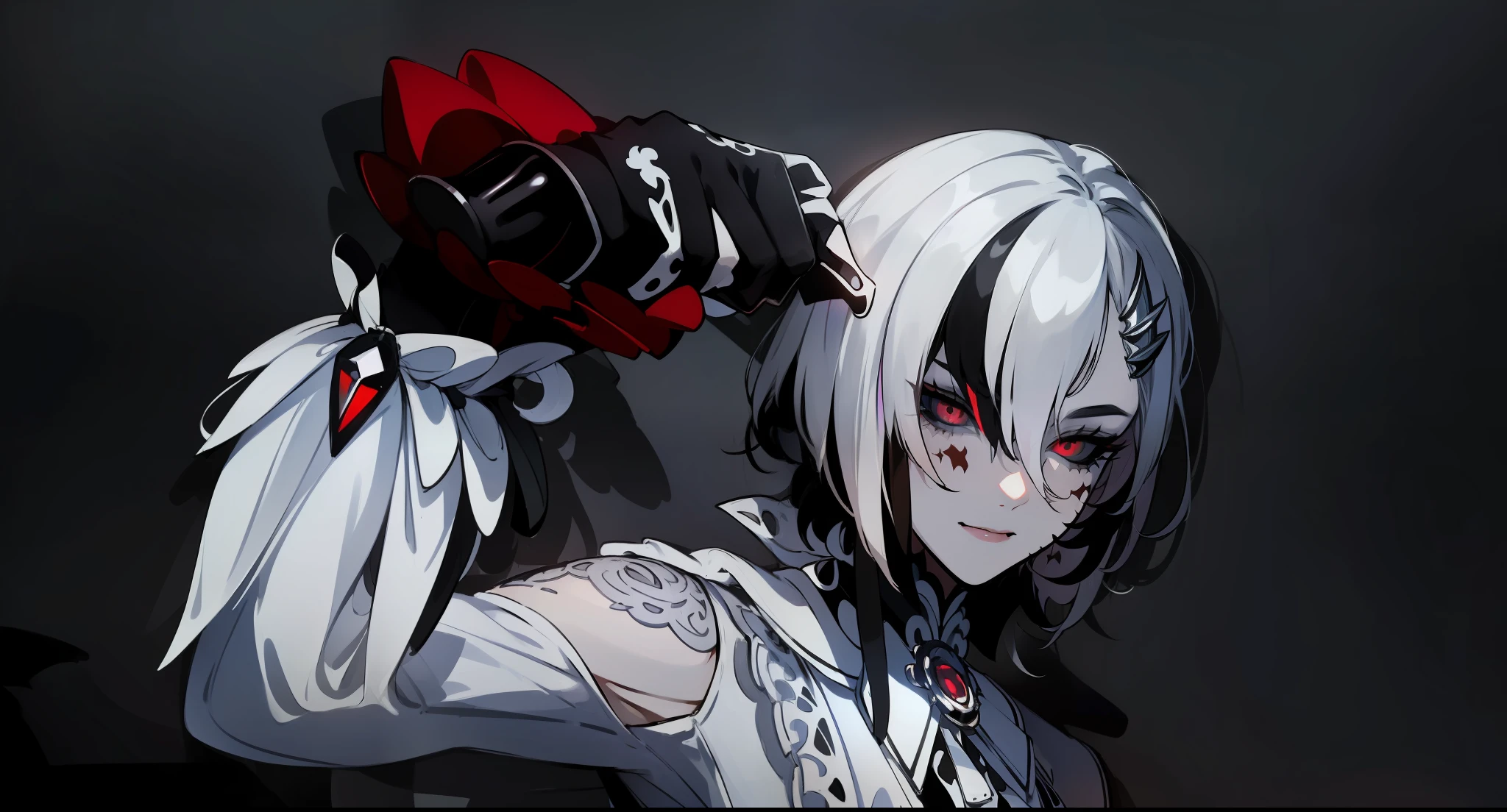 ((((psycho))), (((1girl))), ((tonified)), female focus, masterpiece, high quality, (masterpiece:1.2), (best quality:1.2), shiny, realistic, ornate, intricate skin, ((white hair with black parts)), (short hair), black eyes, bangs, hair between eyes, hair_stick, evil_girl, elegant_clothes, solo, hair_bun, hair_ornament, hair_pin, holding_fan, paper_fan, elegant, looking_at_viewer, holding_fan, red_eyeliner,  FH, cruel eyes, looking at the viewer, constricted pupils, dynamic pose, (shadows cast over the face:1.3), dark room, shadow room, crazy smile, (upper body), (((cruel look)))