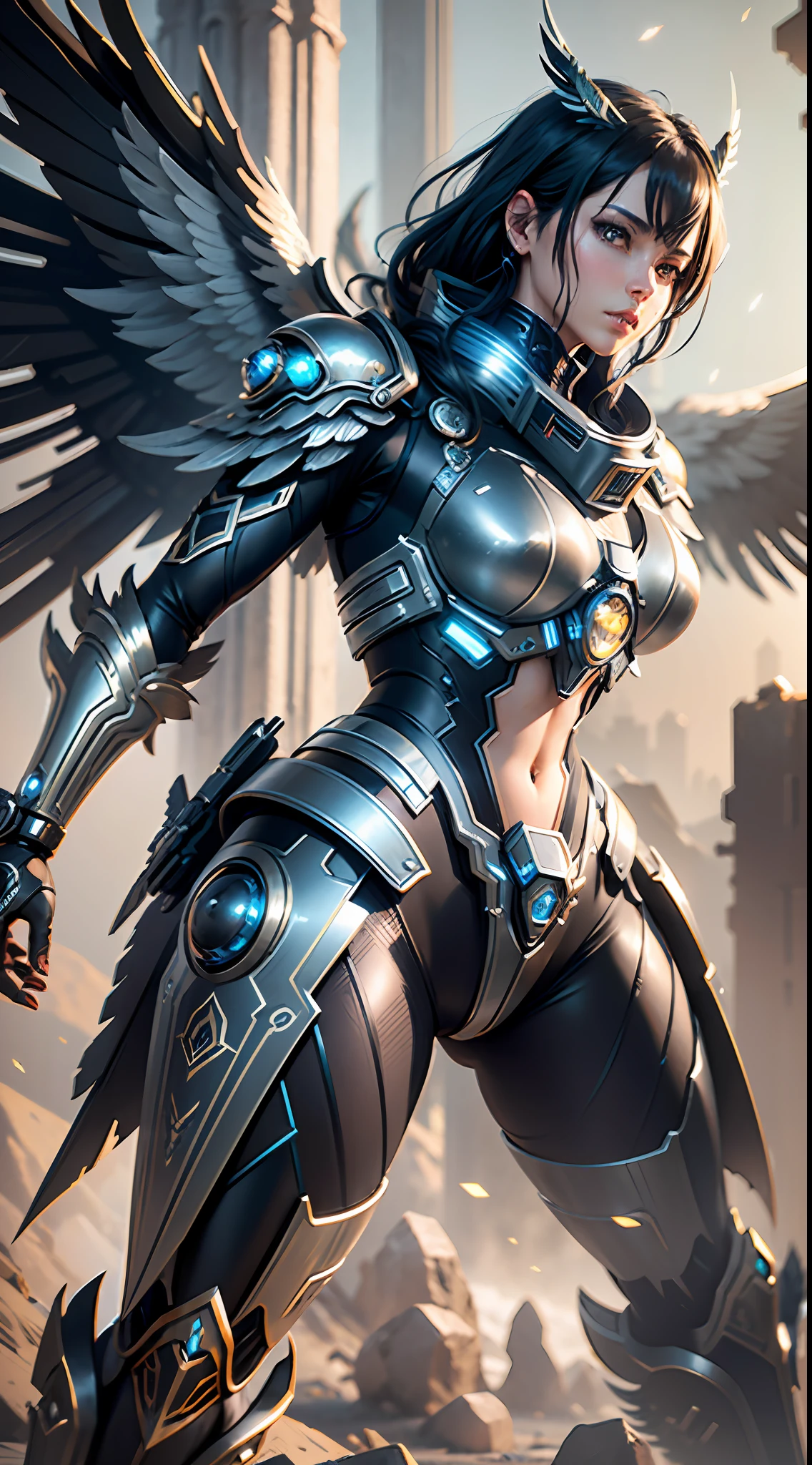 Steampunk style, cold tone, cinematic effect, futuristic sci-fi mecha, pure black mecha with strong metallic luster, metallic wings on the back, wings are feathers and layered, holding Fang Tianji, Fang Tianji particle light, Fang Tianji particle special effects, aesthetic, scattered, combat posture, battle posture display, super details, perfect details, 8K, top painting, concept art, epic composition, with HD details, metallic texture and tension composition, hyperrealism, ultra-realistic, rich in detail, 3D. C4D, octane rendering,