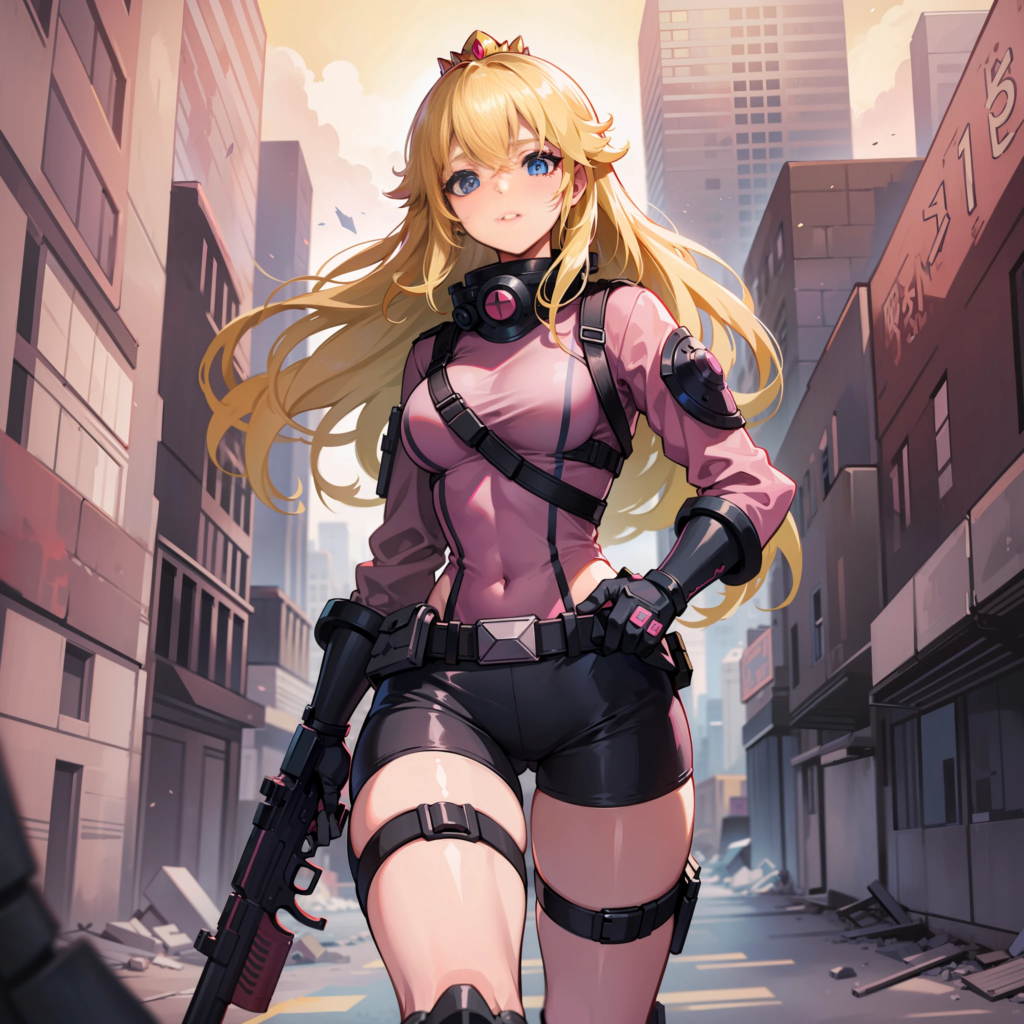 A woman, pink army outfit, athletic body, holding a gun, short clothes, blonde hair, blue eyes, long hair, in an apocalyptic city, deserted, destroyed city, princess peach,