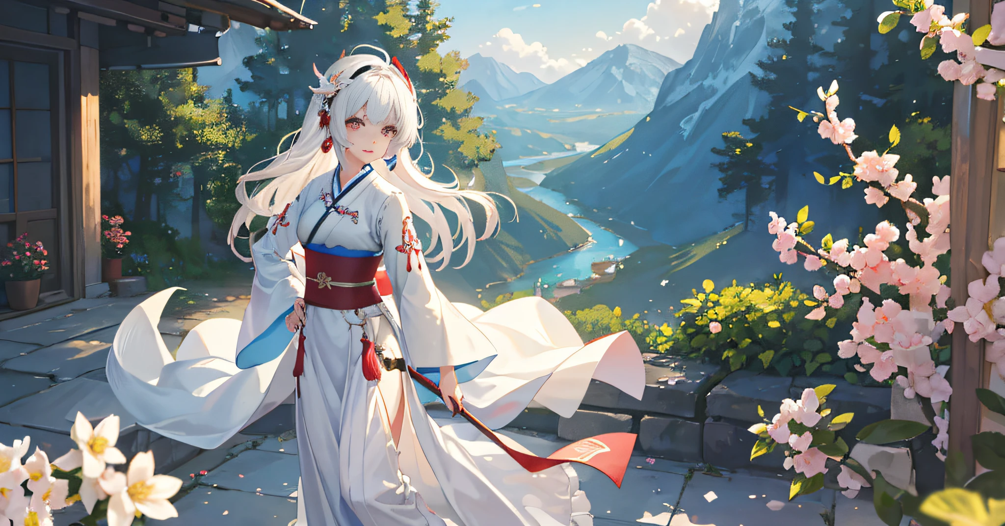(Masterpiece: 1.5), (Best Quality: 1.5), (Super Fine: 1.5), Illustration, Denim Photo, 1 Girl, Solo, (Building), Perfect Face, Flowers Handheld, Colorful Butterfly, Radiant Skin, Long Hair, Smile, Ultra Wide Angle, Full Body, Vista, Small White Shoes, Beautiful Detailed Eyes, Beautiful Long Flowing Hair, (ru_qun:1.5), (Hanfu: 1.5), Hanfu, White Dress, White Stockings, (Bloom), Lighting, Ray Tracing, Outdoor, mountains, nature, hair accessories, headbands, hands on hips, looking at the audience, ahoge, big breasts, (depth of field: 1.5), headgear, forest,