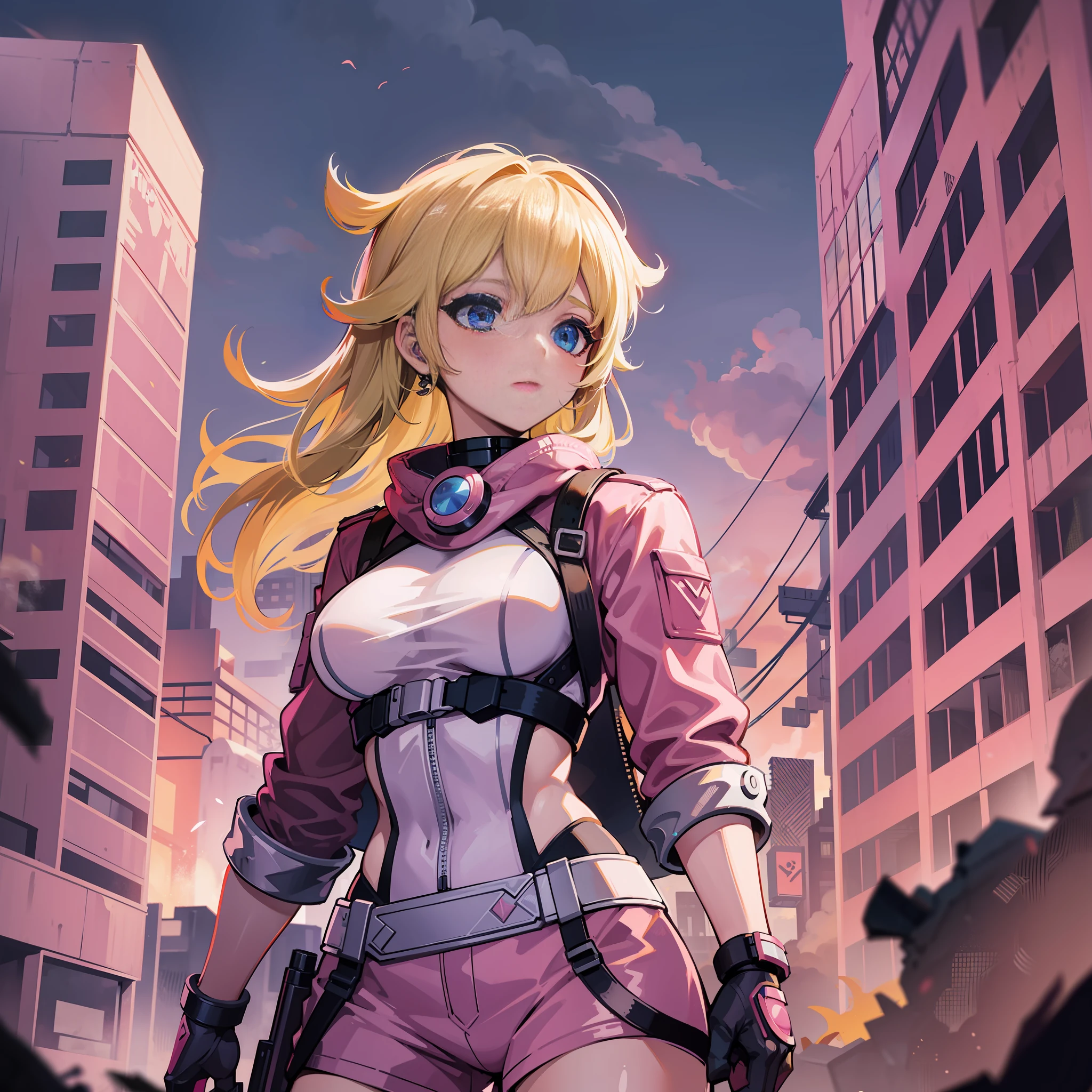 A woman, pink army outfit, athletic body, holding a gun, short clothes, blonde hair, blue eyes, long hair, in an apocalyptic city, deserted, destroyed city, princess peach,