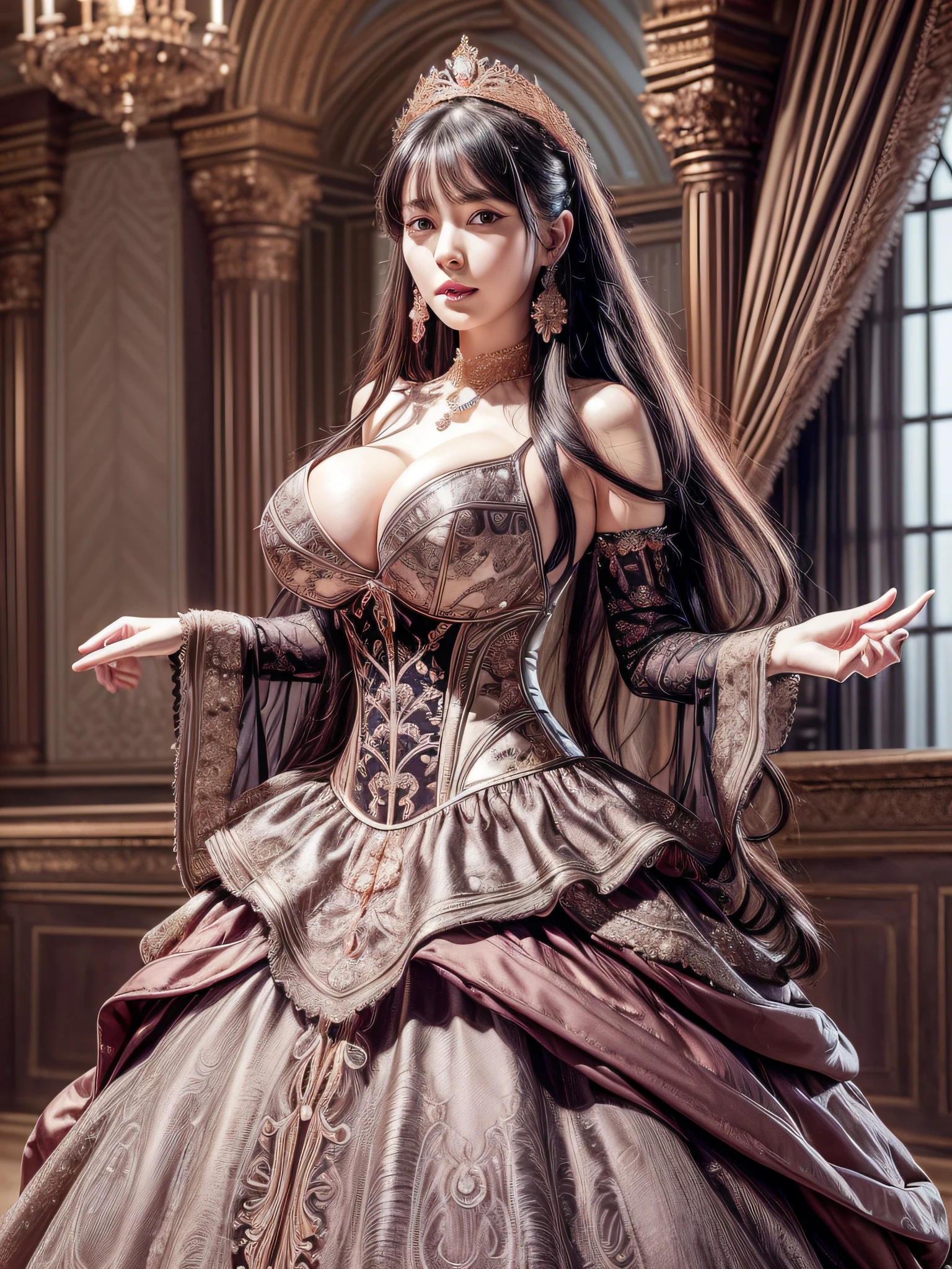 ((anime moe artstyle)),(((Masterpiece))), ((Best Quality)), ((Super Detail)), (Illustration), (((Very Delicate and Beautiful))),Dynamic Angle,Looking at viewer,((((Solo)))),((1 arrogant lady)),(a beautiful fantasy arrogant empress),(((Full body))),Standing,royal elegant pose,((dominant pose)),(arrogant),((haughty smile)),Purple eyes,(Sharp eyes),Detailed Face, Long Eyelashes,(Jet Black Hair),(Straight Hair),(((Very Long Hair))),Bangs between eyes, ((((gigantic breasts)))),cleavage,(skindentation),curvy,(rococo ball gown with gorgeous embroidered black and rose gold ruffles),(gorgeous embroidered black and rose gold ruffled rococo ball gown),(fluffy Black and rose gold ballgown with gorgeous embroidery),corset,((hoop skirt)),princess dress with lots of jewels,((gorgeous embroidery)),(rose gold trim),((crinoline)),opera gloves,finely decorated jeweled tiara, gem earrings,finely decorated necklace,Beautifully jeweled ornaments,indoor,royal ballroom,light particles,